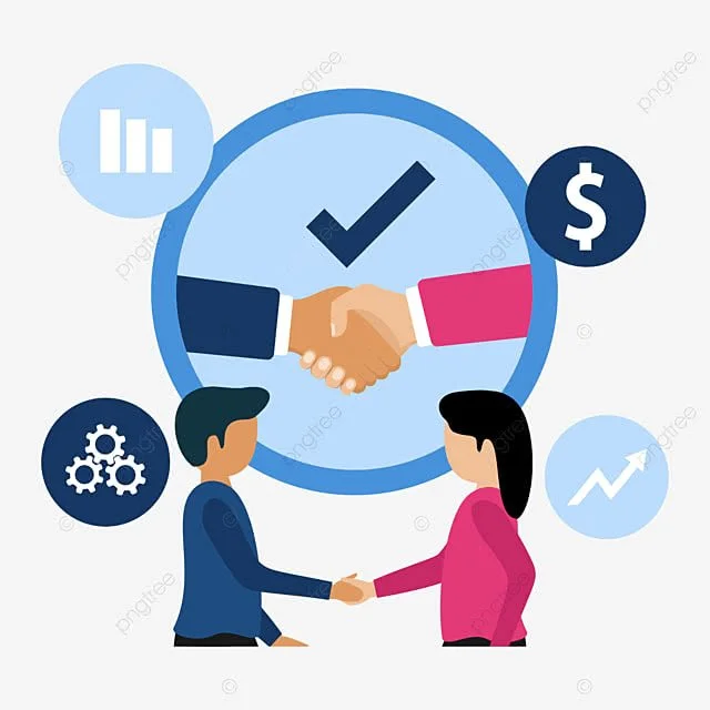 Two people shaking hands, with icons of graphs, gears, dollar sign, and checkmark near them, symbolizing business agreement or partnership.