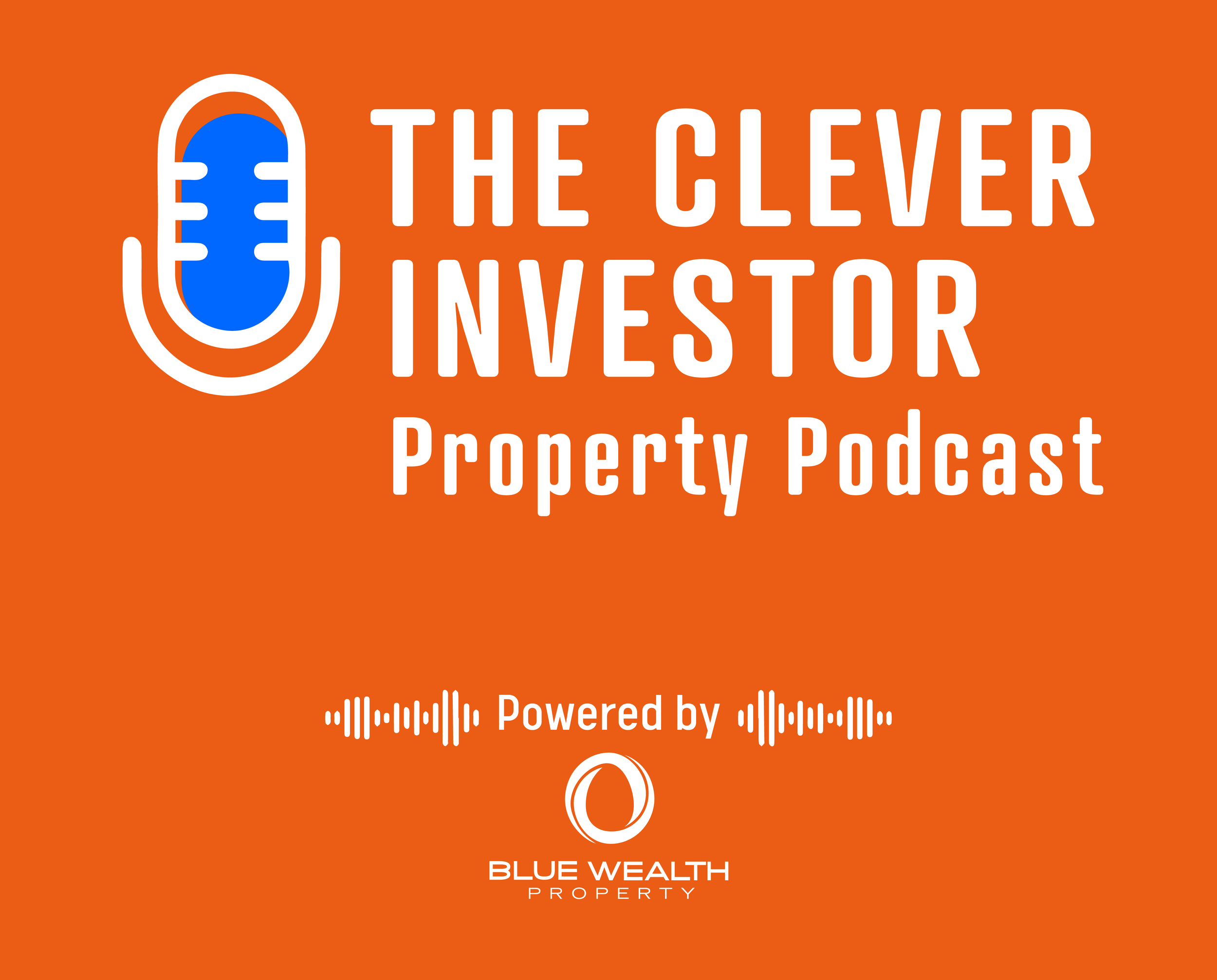 Brand logo and text for 'The Clever Investor Property Podcast,' featuring an orange background, a microphone icon, and a white circular logo with a stylized 'O.'