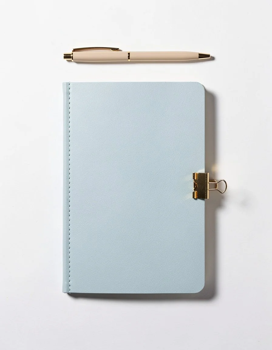 Haus of Whit, Whitney Radacina Brand Photoshoot 2026.  A beige pen above a light blue notebook with a gold clip on a white background.
