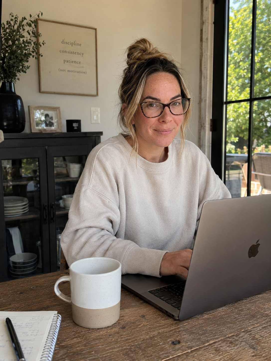A woman with glasses and a messy bun working on a laptop at a wooden table with a white mug, notebook, and pen, in a bright room with a dark cabinet, framed photo, and a window showing green trees outside.