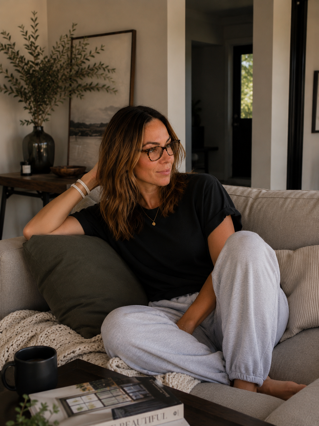 wearing a black T-shirt and gray sweatpants, sitting on a beige sofa with her arm resting on the back. She is in a living room with a plant, artwork, and a window in the background. There is a black coffee mug and a magazine on the table in front of her.