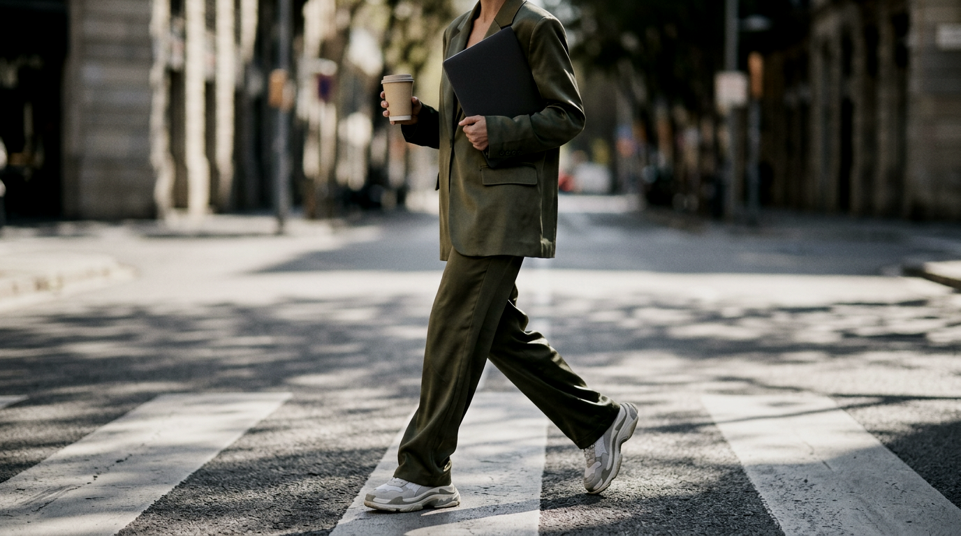 Haus of Whit, Whitney Radacina Brand Photoshoot 2026.  Person in green suit walking across crosswalk holding coffee and folder.