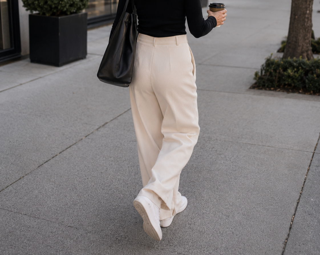 Haus of Whit Brand Photoshoot 2026. Whit Radacina walking on sidewalk holding a coffee cup, wearing beige pants, a black top, white sneakers, and carrying a black bag.