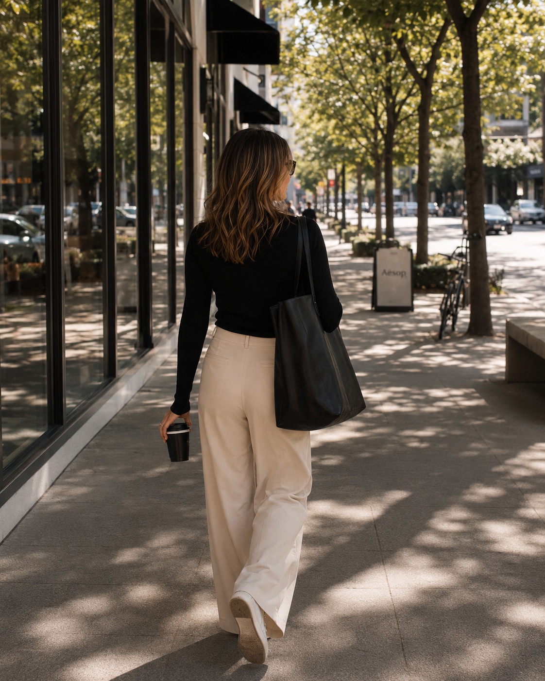 Haus of Whit Brand Photoshoot 2026. Whitney Radacina wearing a black long-sleeve top and beige wide-leg pants, carrying a large black tote bag on her shoulder and holding a coffee cup while walking on a tree-lined city sidewalk.