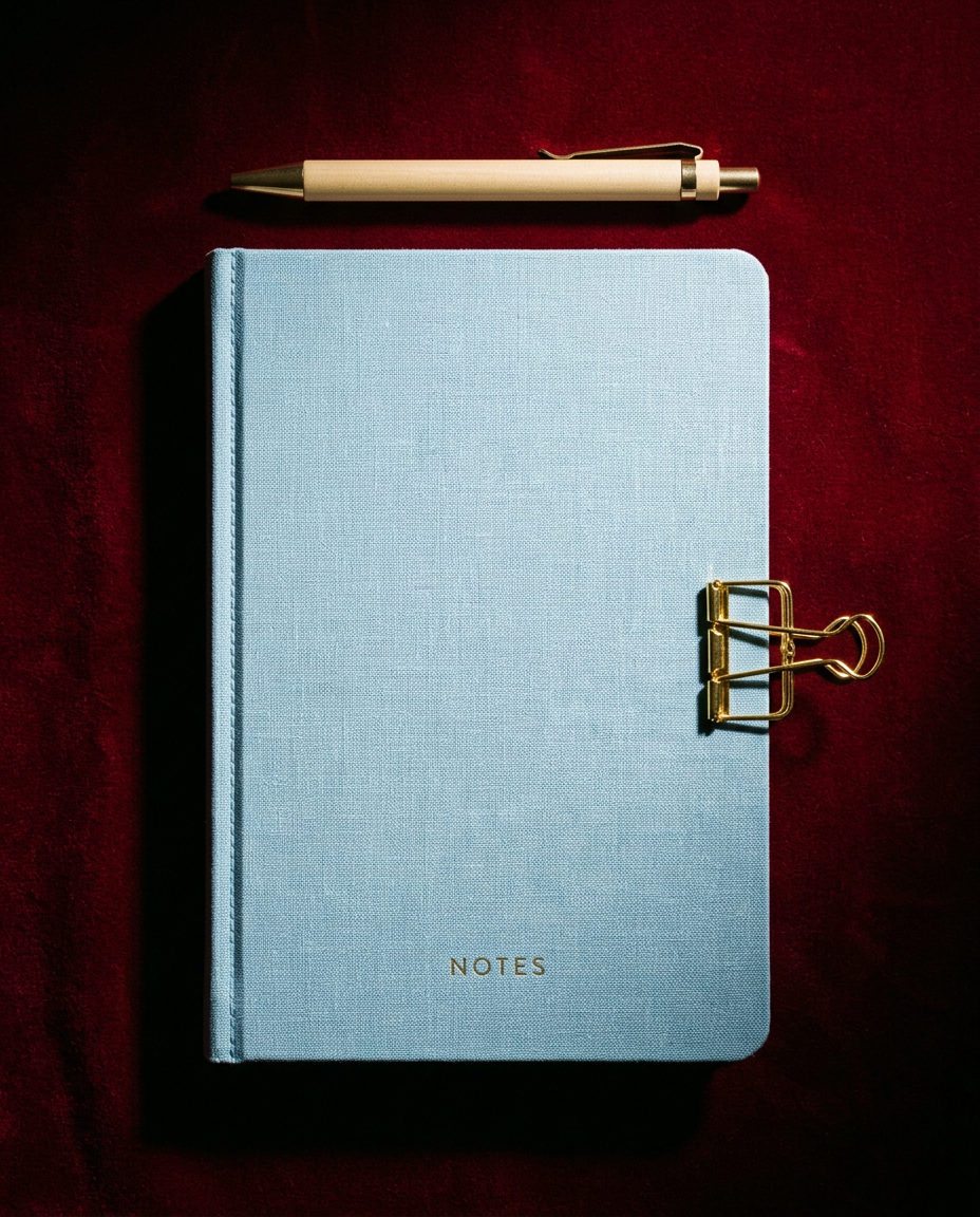 Haus of Whit, Whitney Radacina Brand Photoshoot 2026. Light blue notebook labeled 'NOTES,' a beige pen, and a gold binder clip on a dark red fabric background.