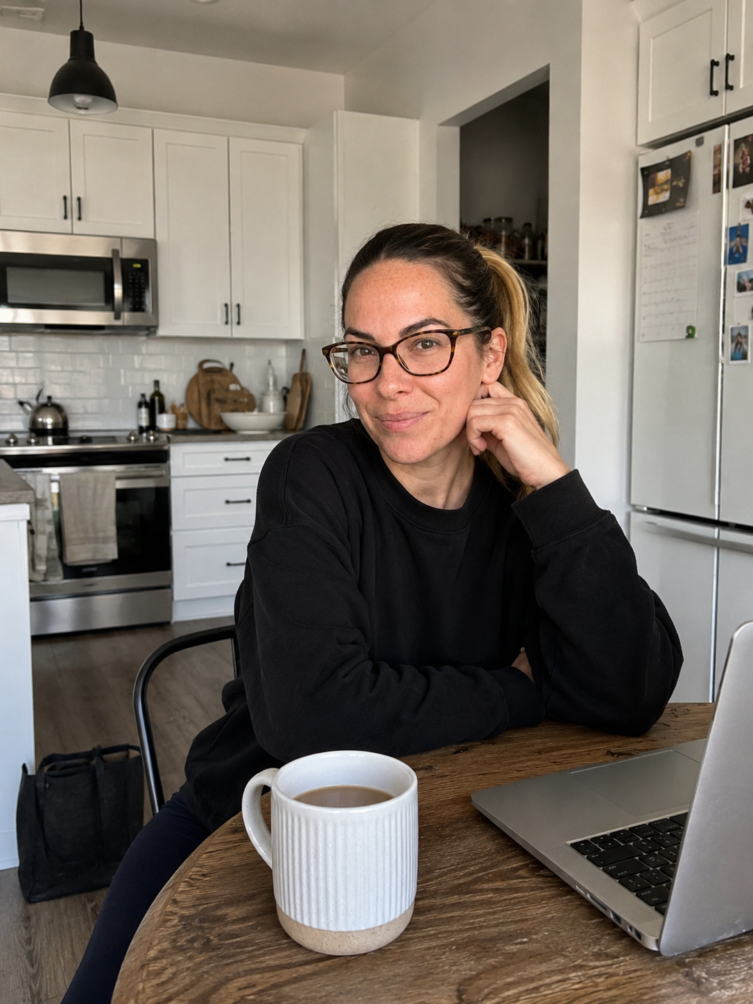 Haus of Whit Brand Photoshoot 2026. Whitney Radacina with glasses and a ponytail sitting at a wooden table in a kitchen, with a laptop and a mug of coffee in front of her.