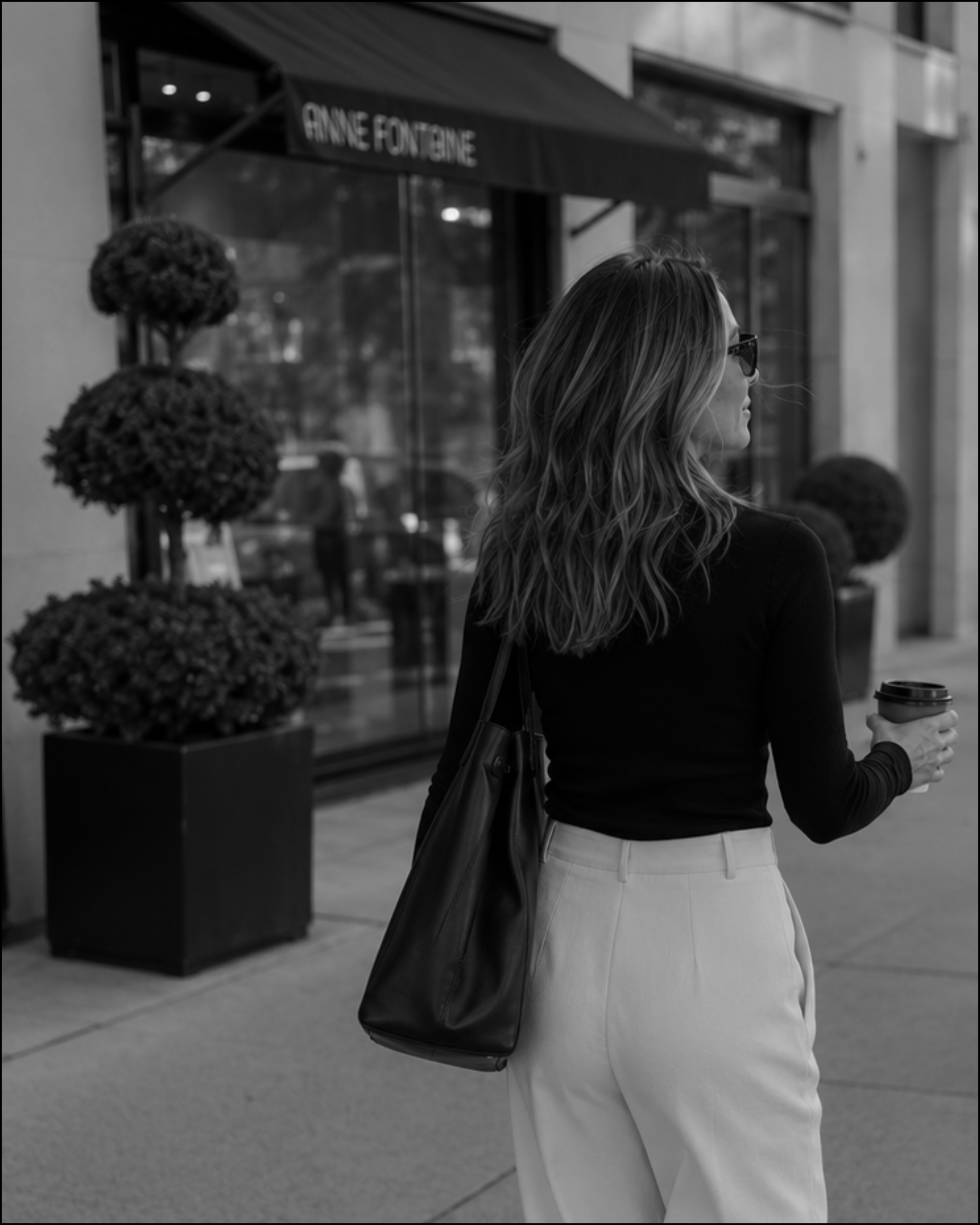 Haus of Whit Brand Photoshoot 2026. Whitney Radacina with sunglasses, and light-colored trousers walking outside a building with storefronts. She carries a black shoulder bag and holds a coffee cup. Black and White.