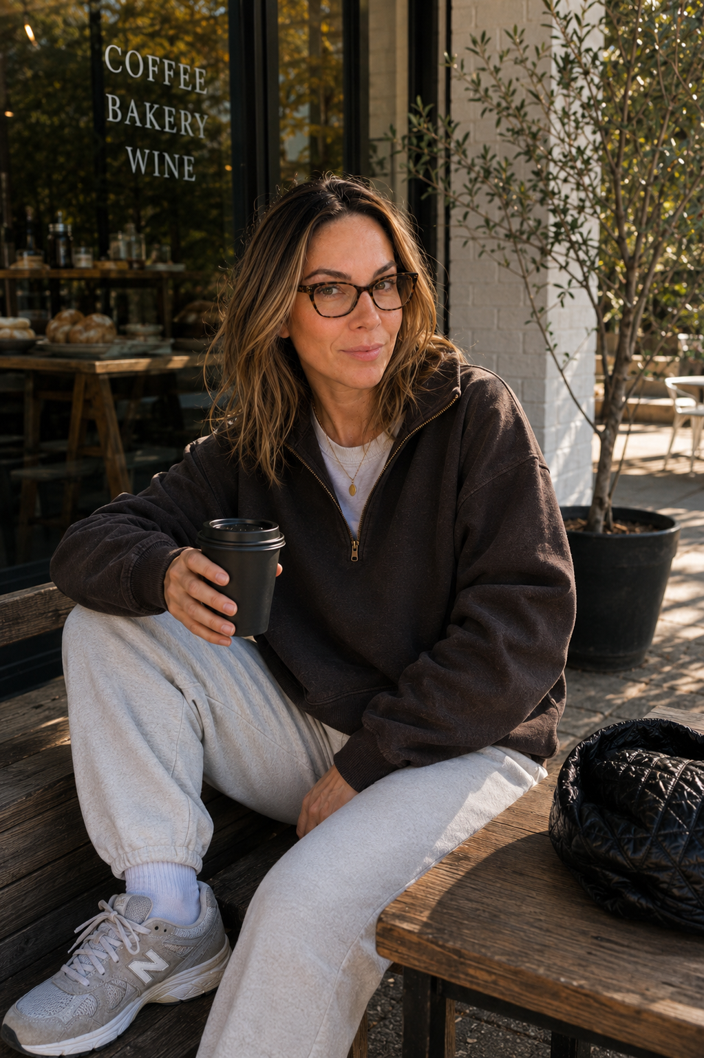 Haus of Whit Brand Photoshoot 2026. Whitney Radacina holding coffee cup sitting on a wooden bench outside a coffee shop with bakery and wine signs in the window.