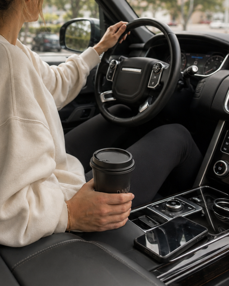 Haus of Whit Brand Photoshoot 2026. Whitney Radacina sitting in the driver's seat of a car holding a to-go coffee cup, with a smartphone on the center console.