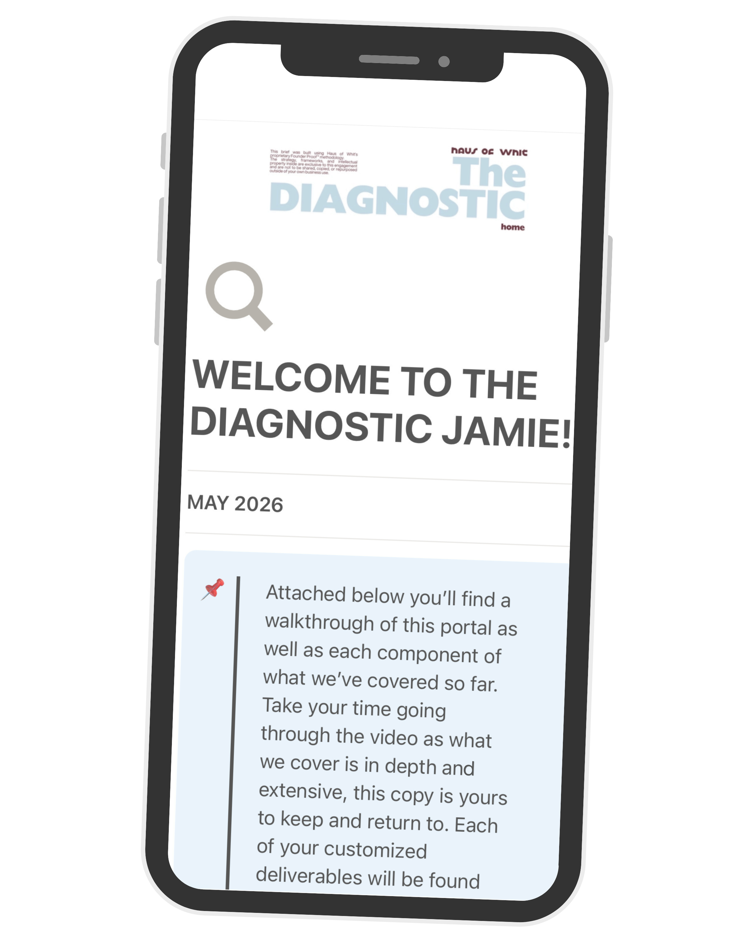 Mobile phone screen displaying a webpage titled "The Diagnostic" with an introductory paragraph about a portal, dated May 2026, with a magnifying glass icon and a red pushpin icon.