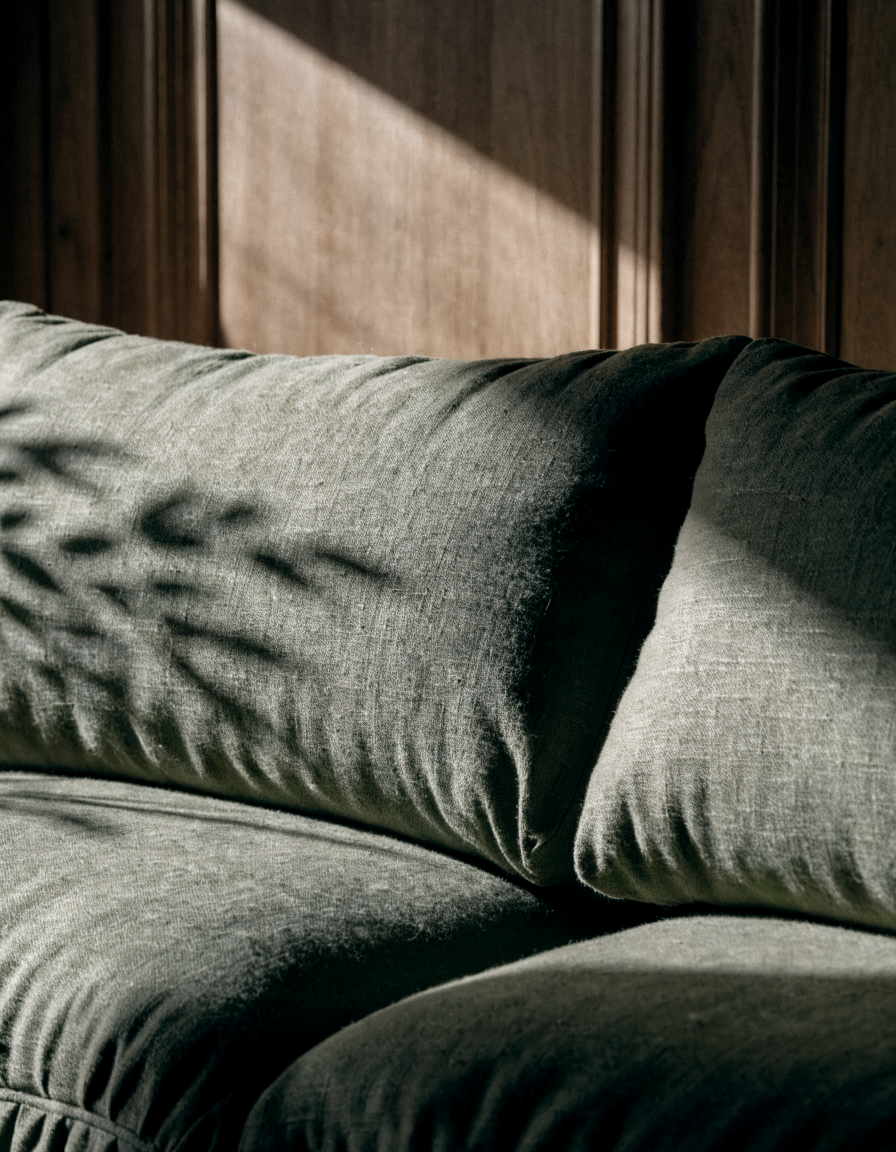 Haus of Whit, Whitney Radacina Brand Photoshoot 2026.  A dark green velvet sofa with pillows in front of a wooden wall.