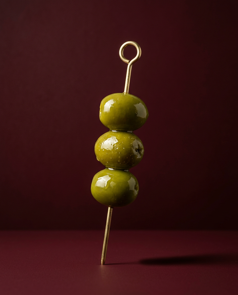 Haus of Whit, Whitney Radacina Brand Photoshoot 2026.  Three green olives on a metal pick against a dark maroon background.