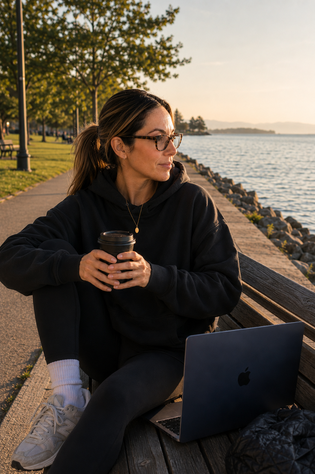 Haus of Whit Brand Photoshoot 2026. Whitney Radacina wearing a black hoodie holding a coffee cup seated on a park bench near a waterfront during sunset.