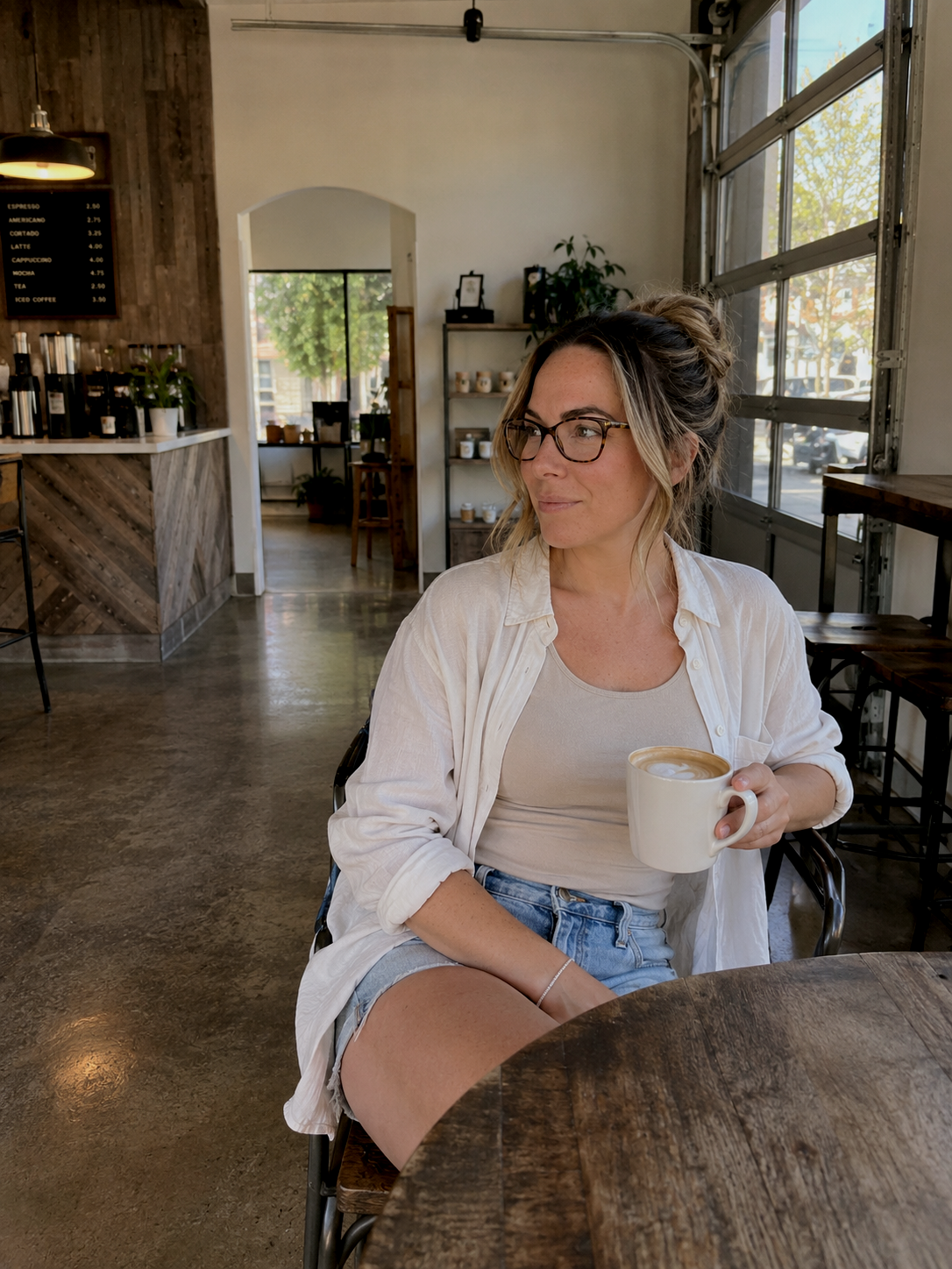 Haus of Whit Brand Photoshoot 2026. Whit Radacina, with hair in a bun, sitting at a wooden table in a cozy coffee shop, holding a mug of coffee, with large windows and a menu board in the background.