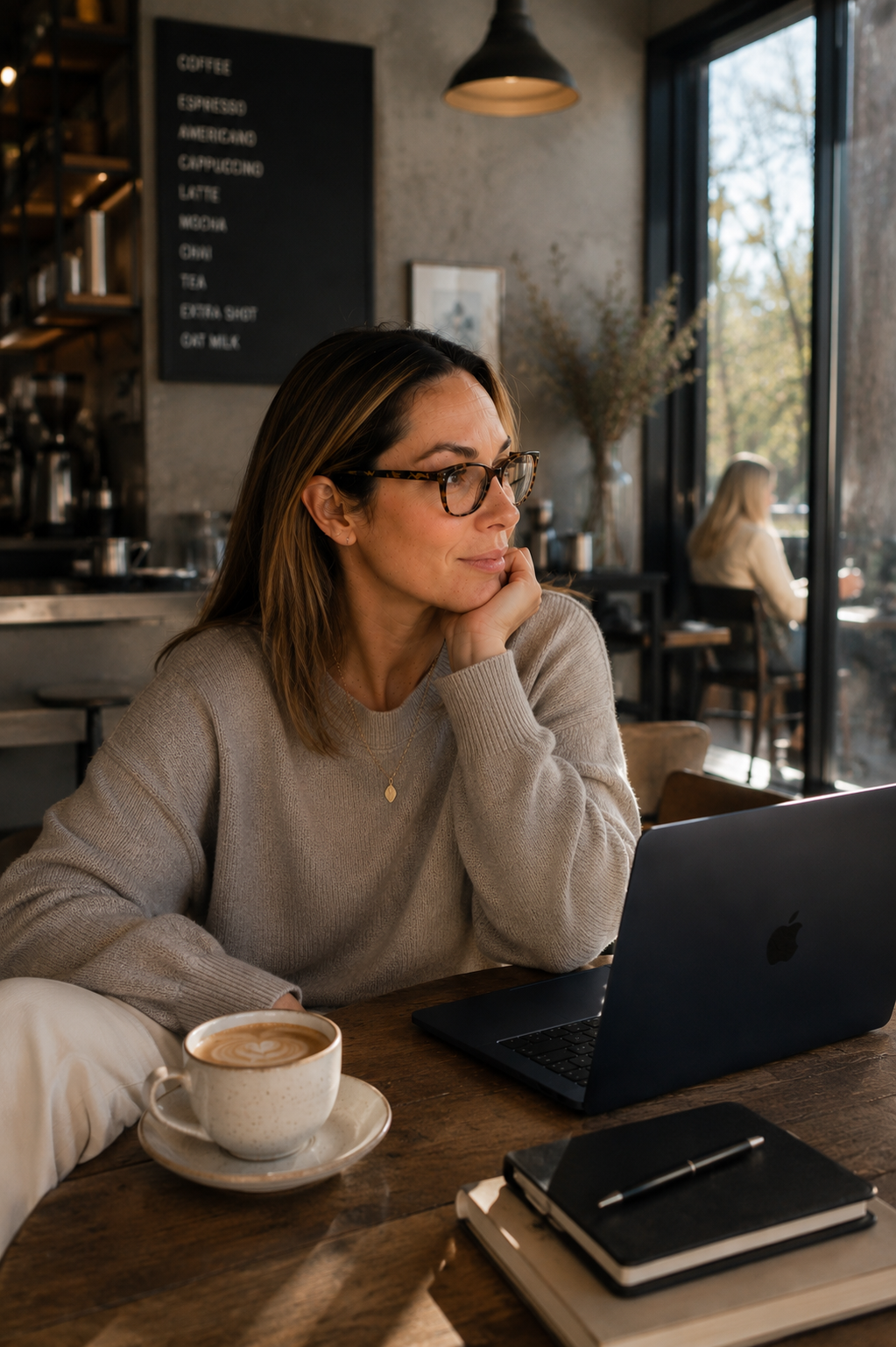Haus of Whit Brand Photoshoot 2026. Whitney with glasses and a beige sweater sitting at a wooden table in a coffee shop, working on a laptop, with a cup of coffee and notebooks on the table, and another woman sitting near a window in the background.