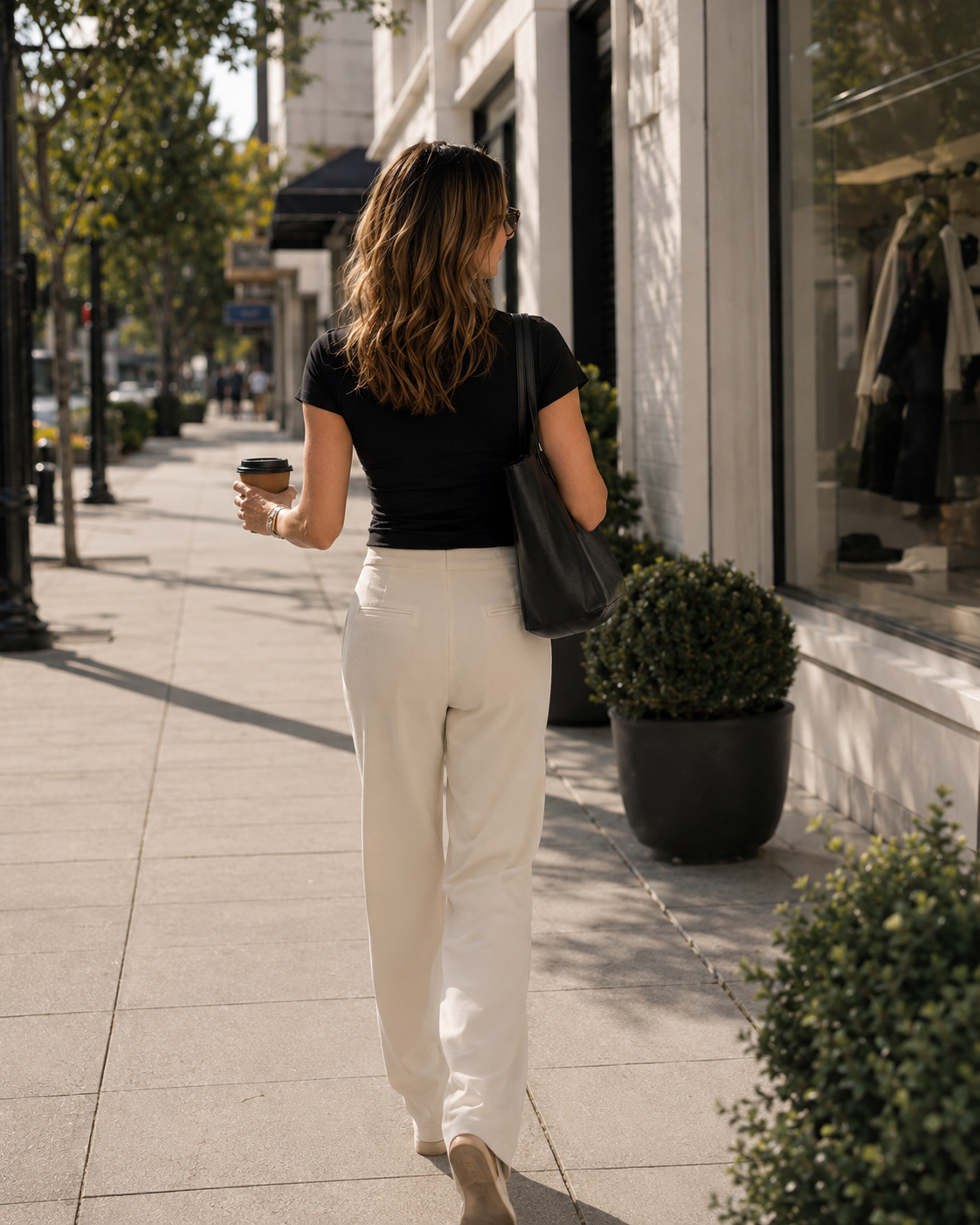 Haus of Whit Brand Photoshoot 2026. Whit walking down a city sidewalk holding a coffee cup and a black handbag, wearing a black top and white pants, with trees and storefronts in the background.