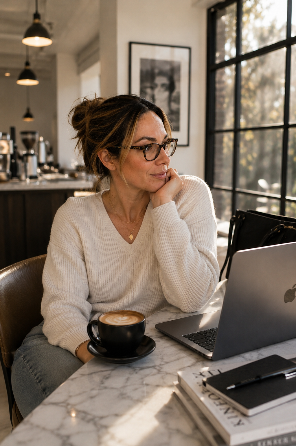 Haus of Whit Brand Photoshoot 2026. Whitney Radacina, with a bun hairstyle sitting at a marble table in a coffee shop, looking at her laptop with a cup of coffee nearby and notebooks on the table.