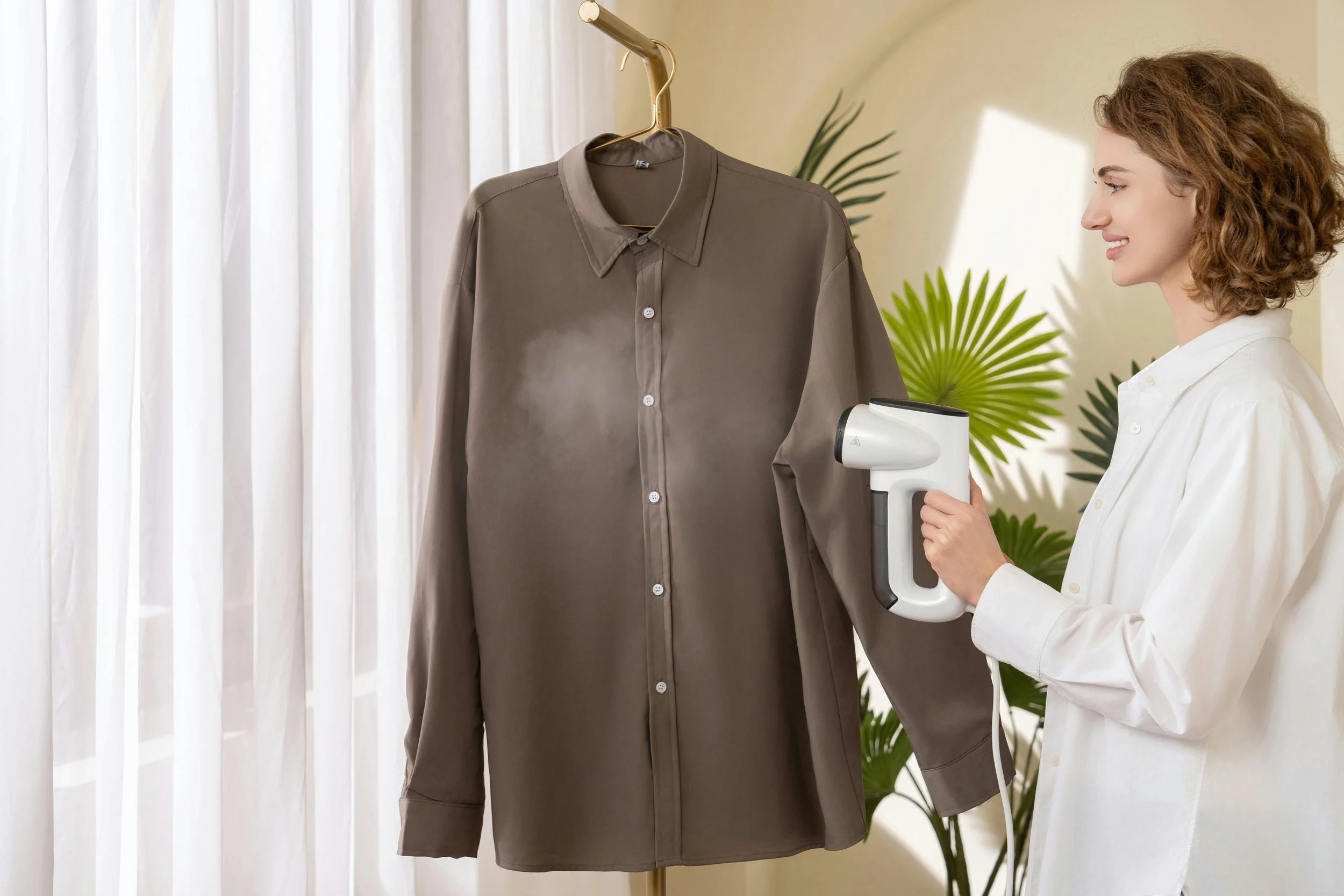 A woman with curly hair holding a handheld scanner or barcode reader directed at a gray button-up shirt hanging on a gold hanger, indoors near white curtains and a green plant.