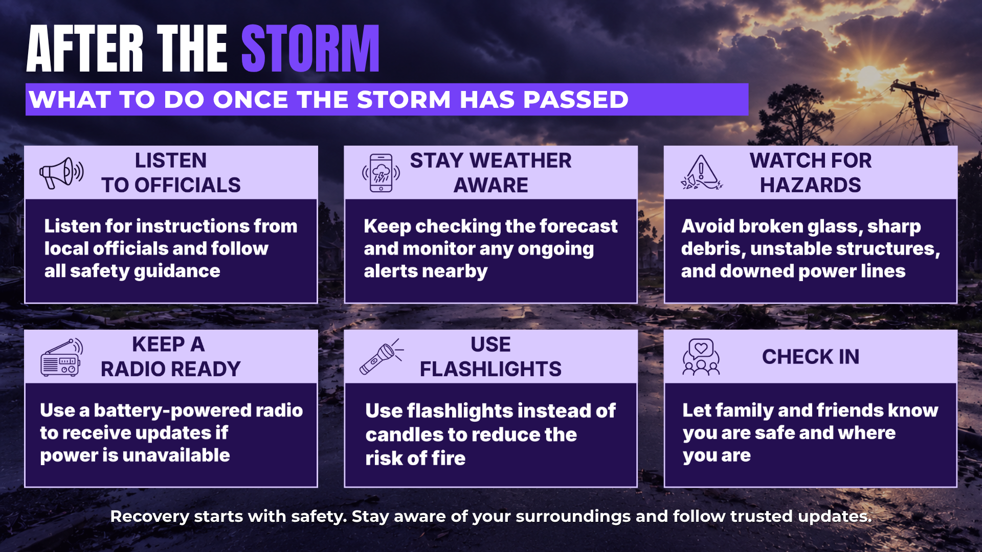 After the Storm: After the storm safety infographic with six tips: follow local officials, stay weather aware, watch for hazards, keep a battery-powered radio ready, use flashlights instead of candles, and check in with loved ones.