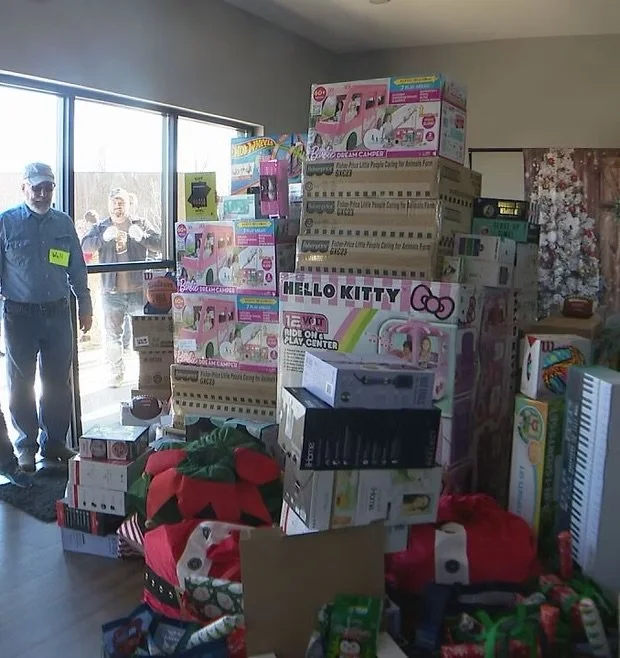 Donated toys and holiday supplies prepared for families affected by disaster