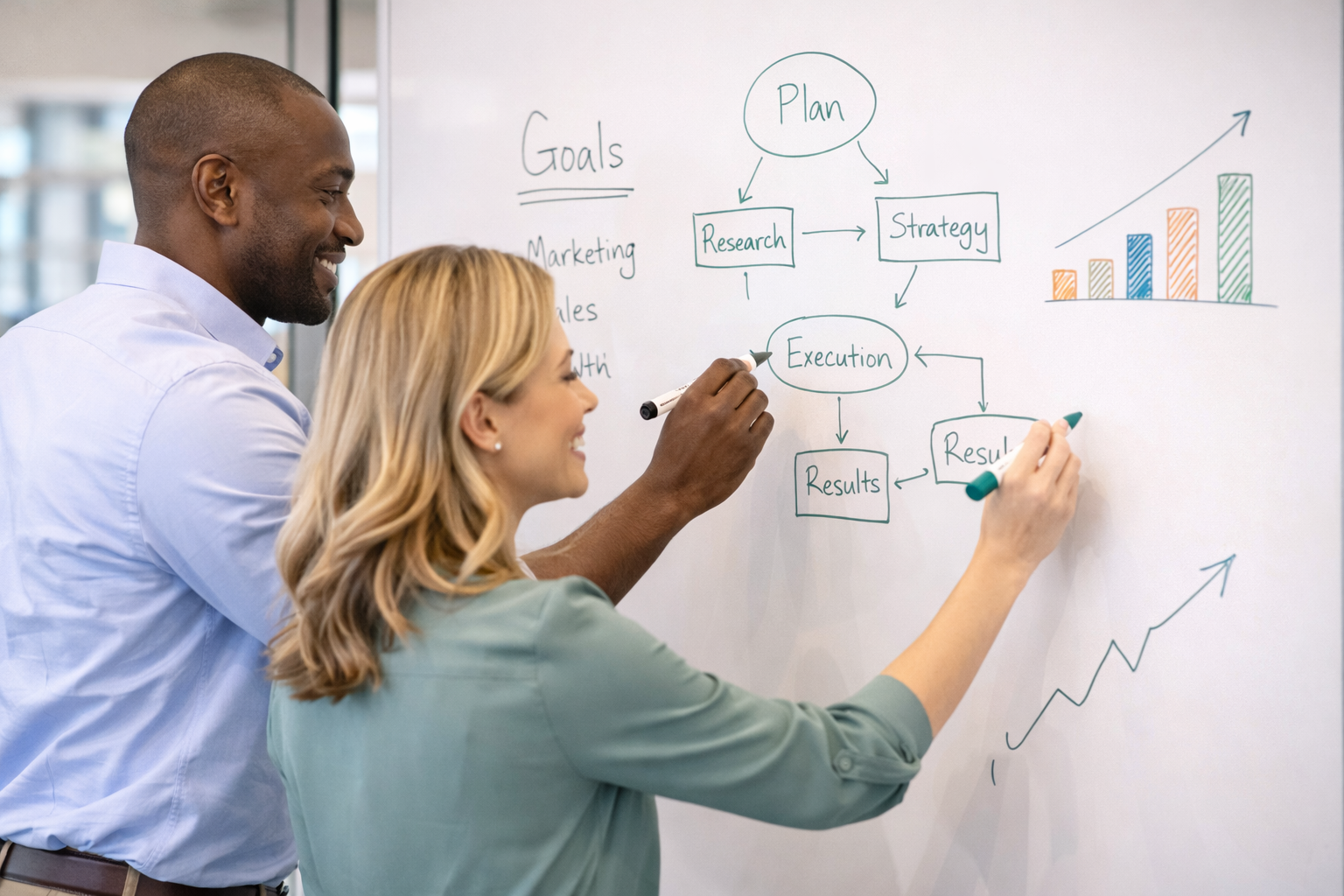 Two colleagues, a man and a woman, working together on a whiteboard with a flowchart and graphs for a business project or presentation.