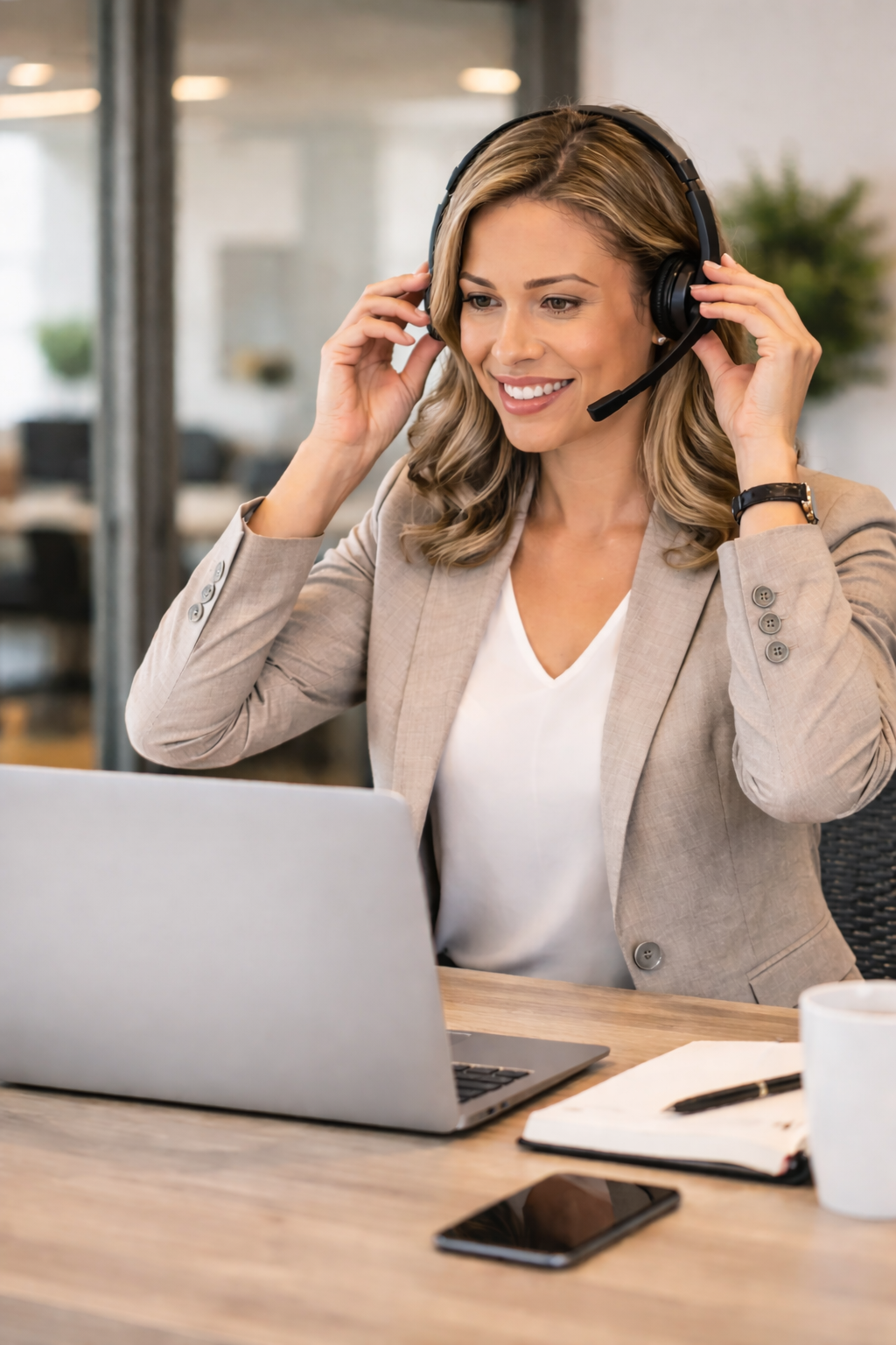 A woman in professional attire smiling while adjusting a headset in an office environment with a laptop, notebook, pen, coffee mug, and smartphone on the desk.
