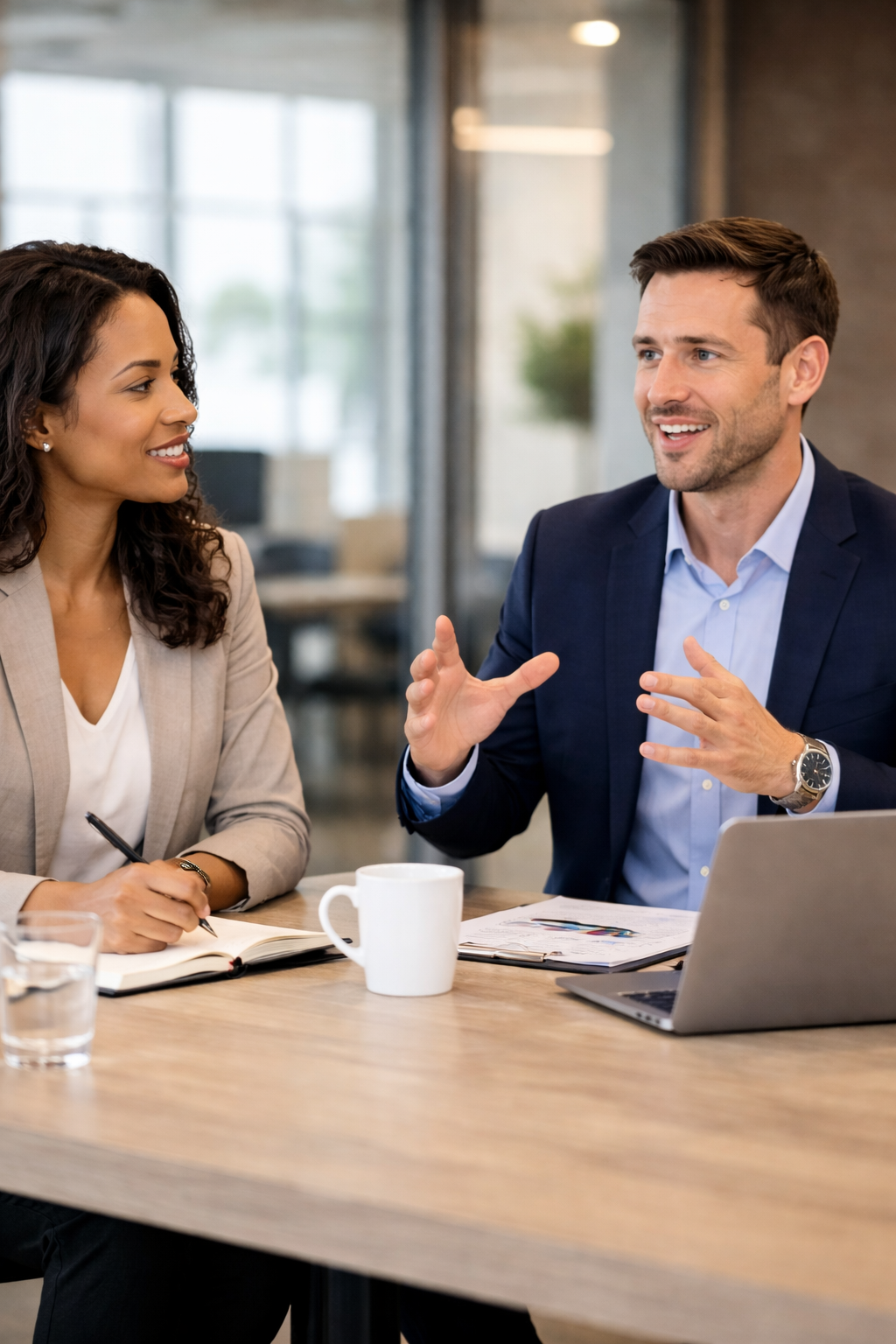 Two professionals, a woman and a man, engaged in a conversation at a meeting in an office, with documents, a laptop, a notebook, a pen, a mug, and a glass of water on the table.
