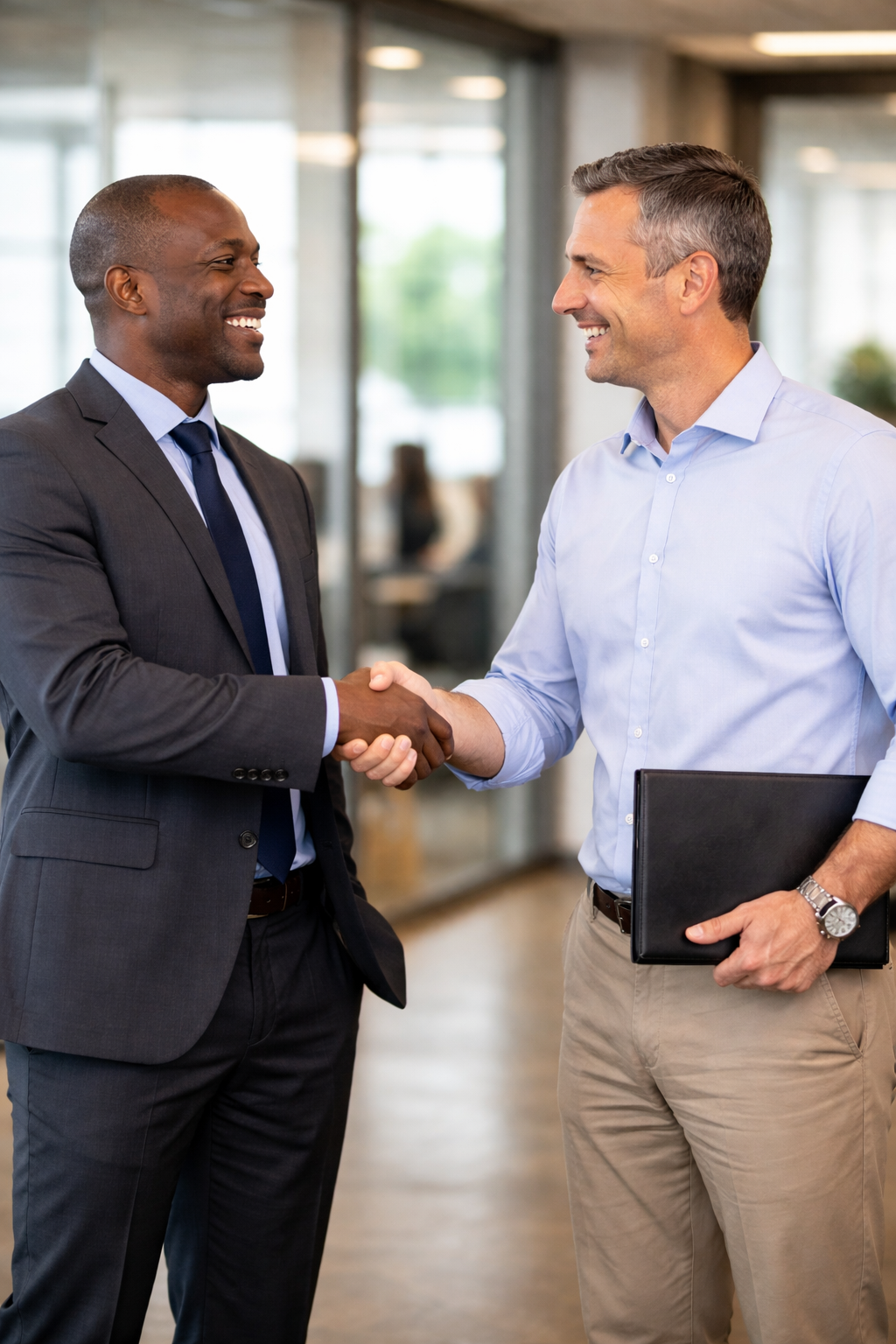 Two men shaking hands in a professional setting, smiling at each other, with one holding a black folder.
