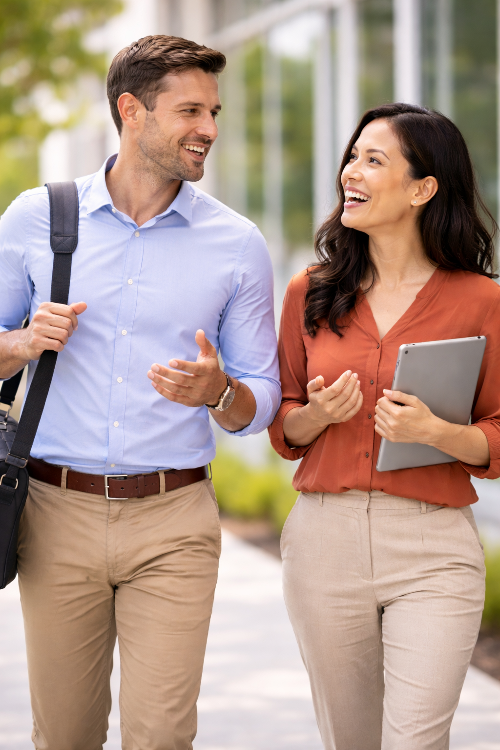 Two people, a man and a woman, walking outdoors and talking happily, the woman holding a tablet.