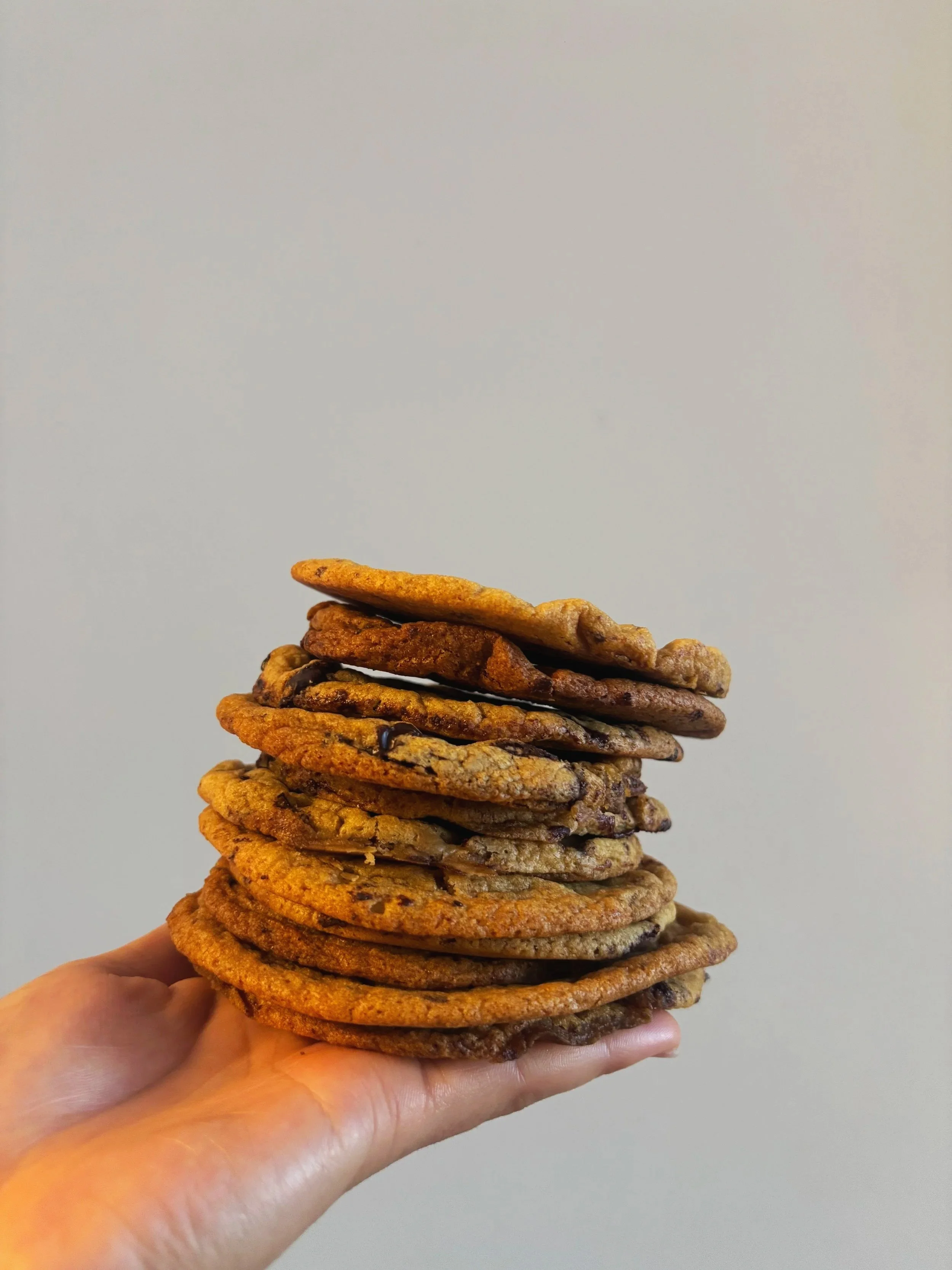 Hand holding a tall stack of assorted home-made cookies against a plain light gray background.