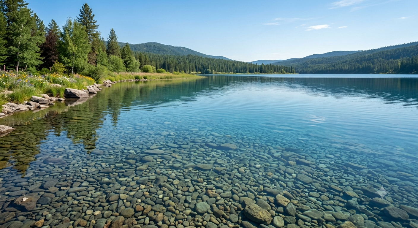 A peaceful lake with clear water showing smooth stones at the bottom, surrounded by green trees and distant mountains under a blue sky.