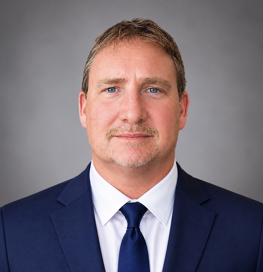 Professional headshot of a man with blond hair and blue eyes wearing a navy suit, white shirt, and navy tie.