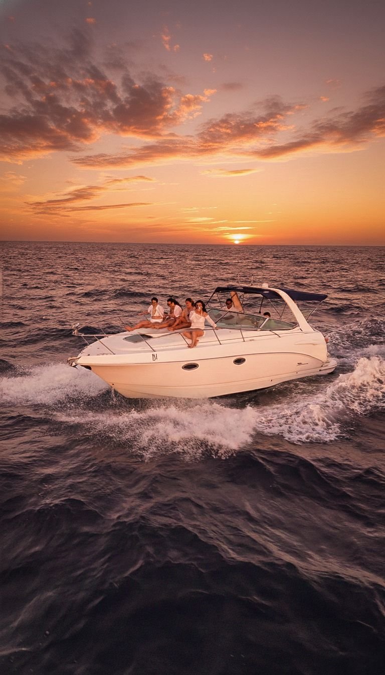 Grupo de personas en un yate navegando en el mar al atardecer.