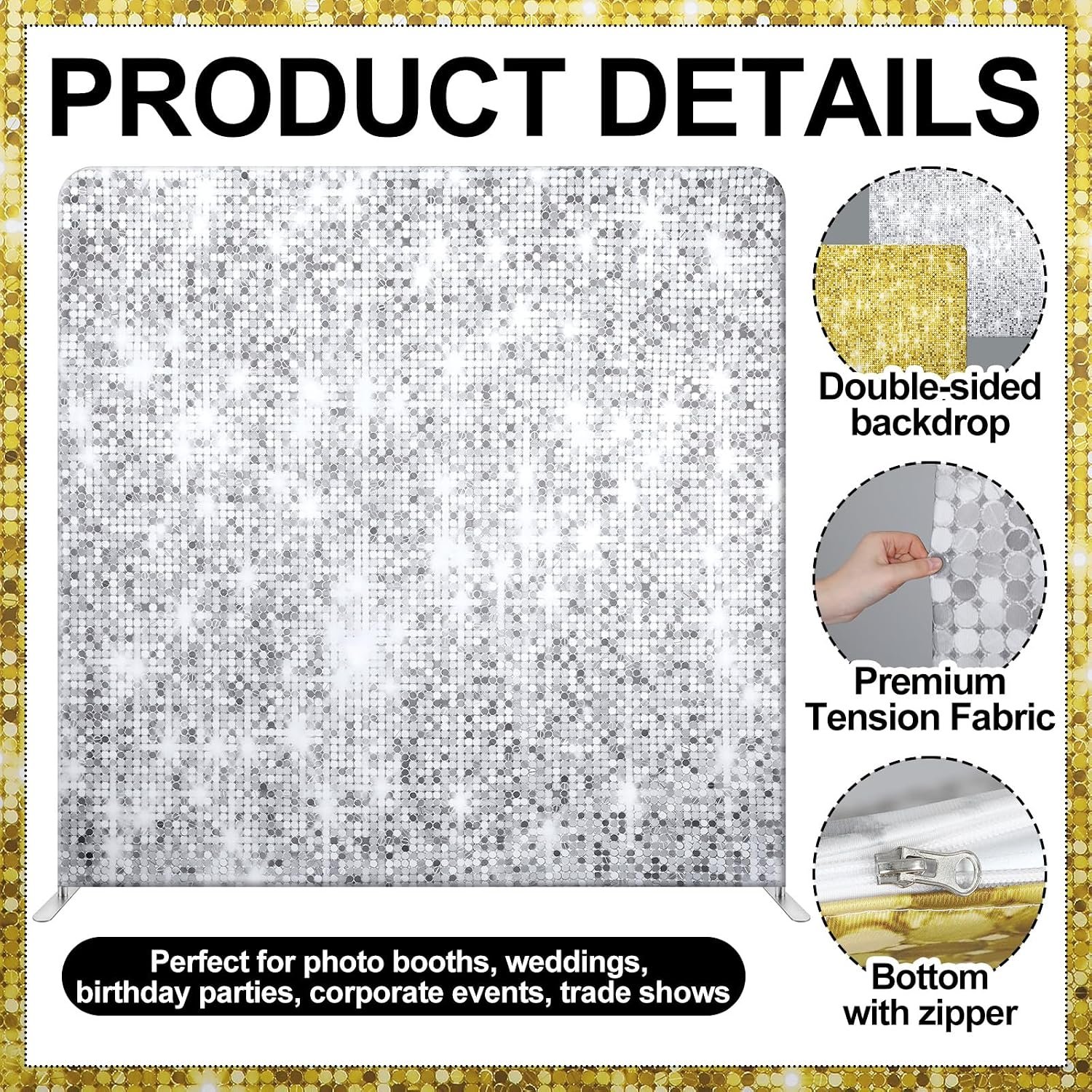 8x8 FT Glitter gold/Glitter Silver Tension Fabric Backdrop Rental