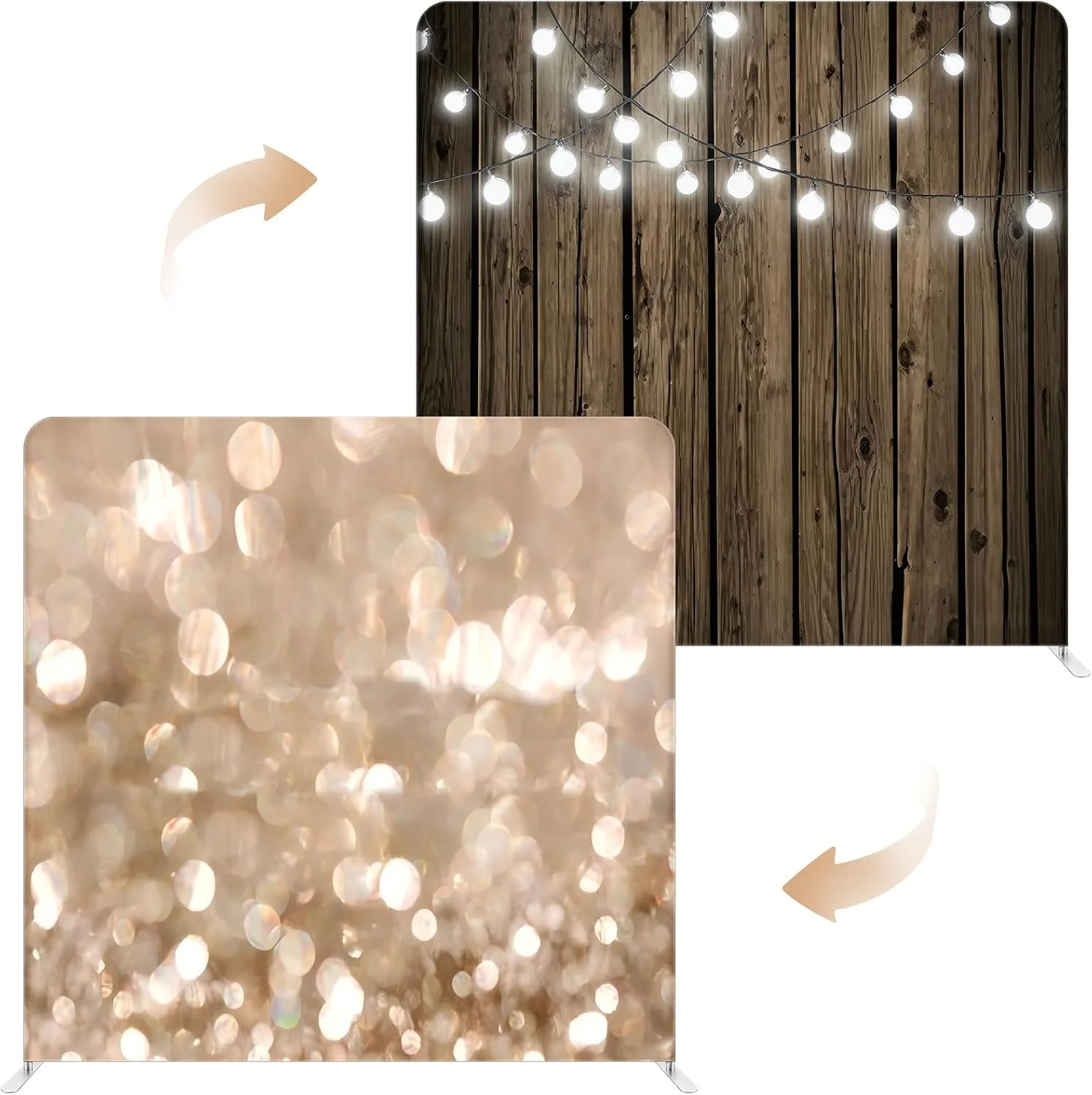 8x8 FT Rustic Wood/Champagne Glitter Tension Fabric Backdrop Rental