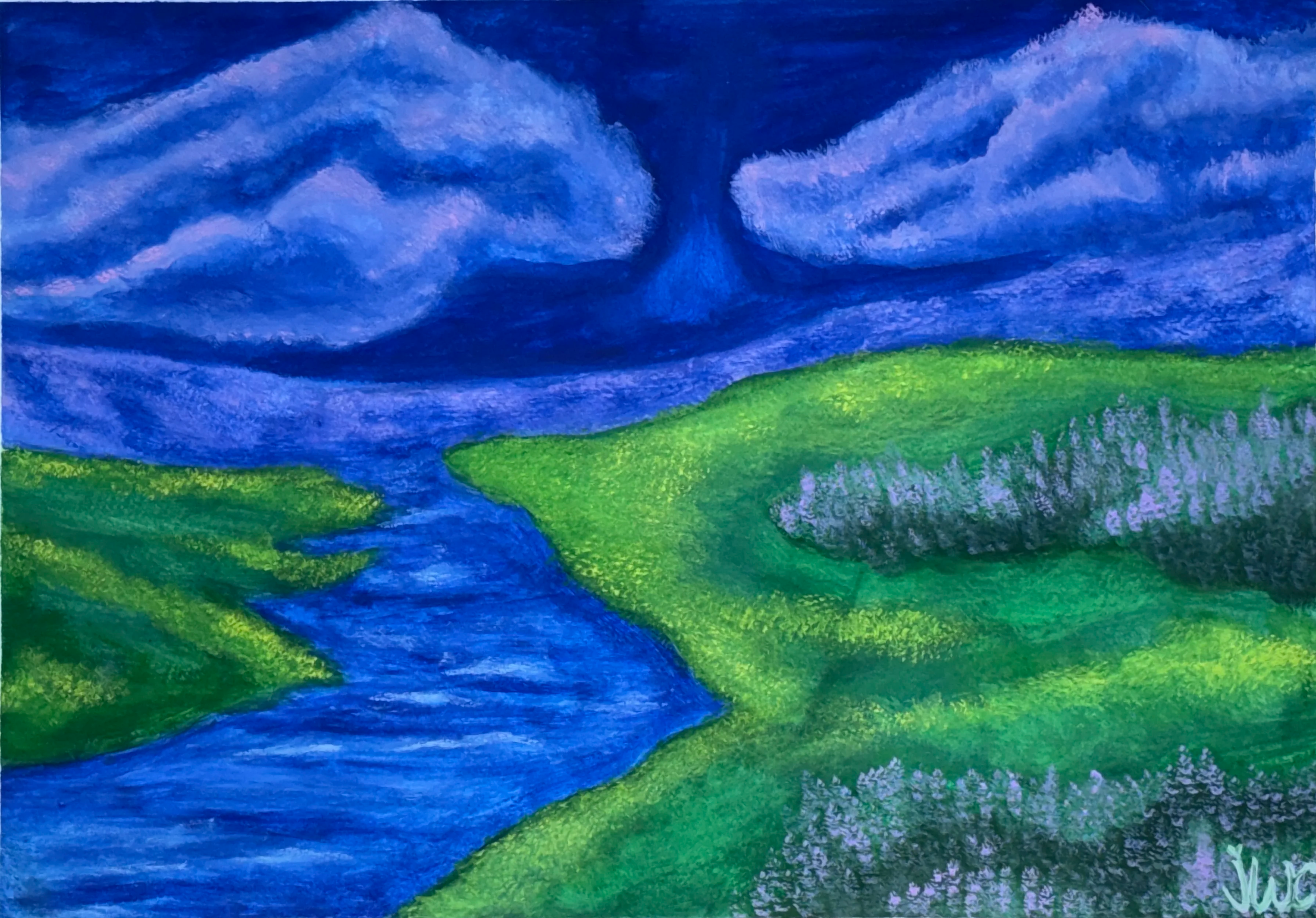 A colorful landscape drawing depicting a bright, swirling blue sky with white clouds, a winding stream in the foreground, and green grassy hills with trees in the distance.