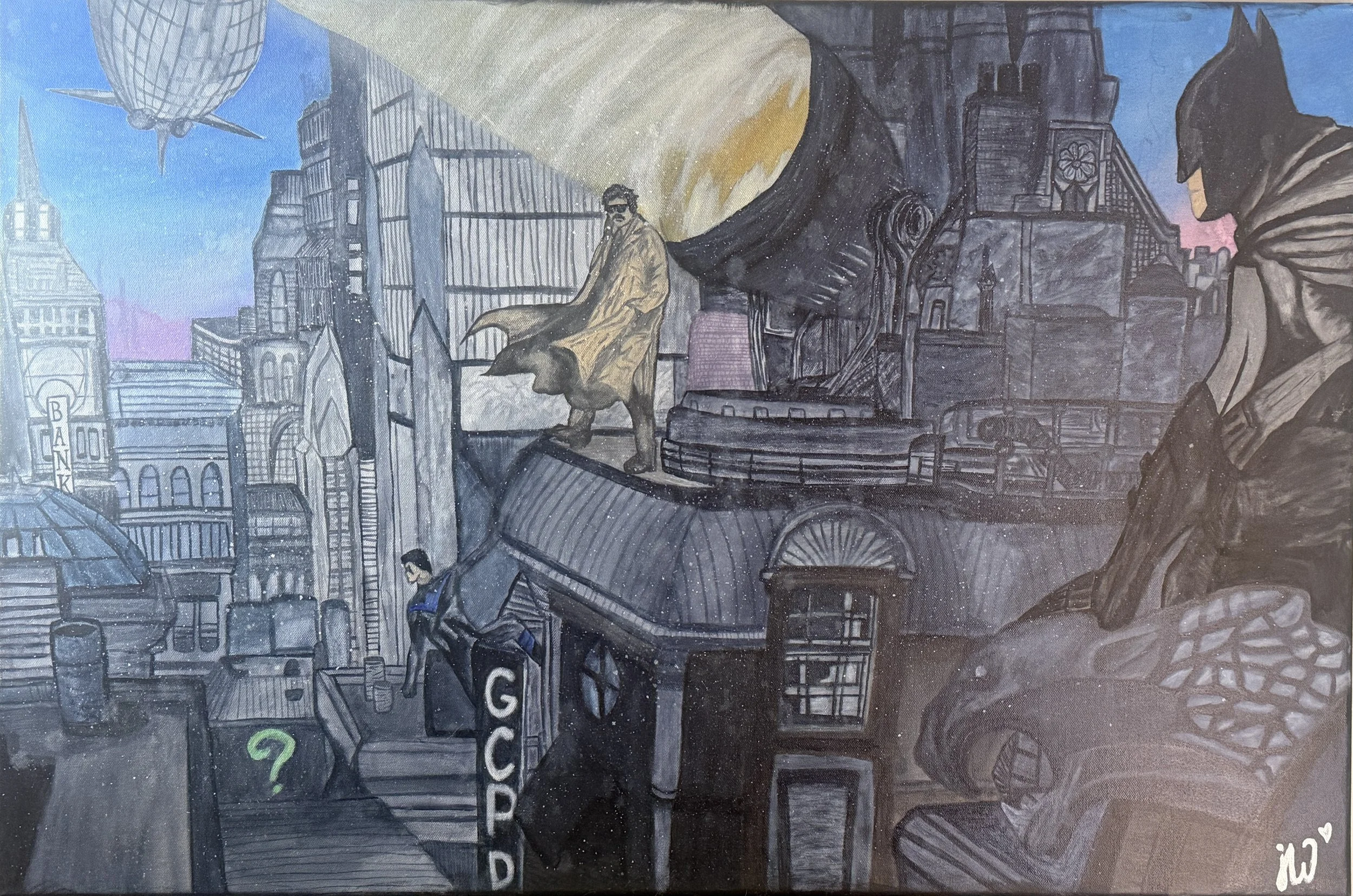 A mural depicting a cityscape with iconic buildings, a large bat figure on the right, a man in a trench coat and glasses sitting on a ledge, and a hot air balloon in the sky. The scene is painted in a mix of dark and pastel colors.