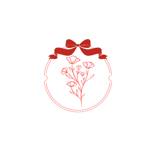 A black background with a red bow at the top, a red circular border, and a pink floral illustration in the center.