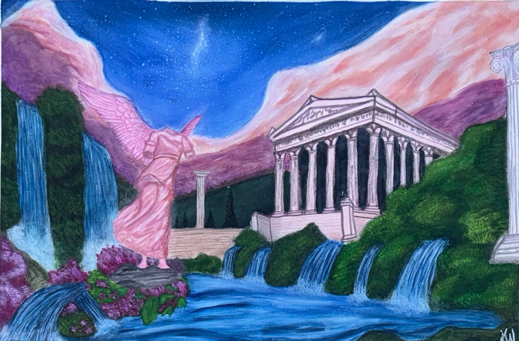 A colorful drawing depicting the Greek gods: Pegasus with pink wings and a young man in a pink robe, set against a starry night sky with the Milky Way, centered between waterfalls, with an ancient Greek temple and columns on the right, and lush greenery with pink flowers in the foreground.