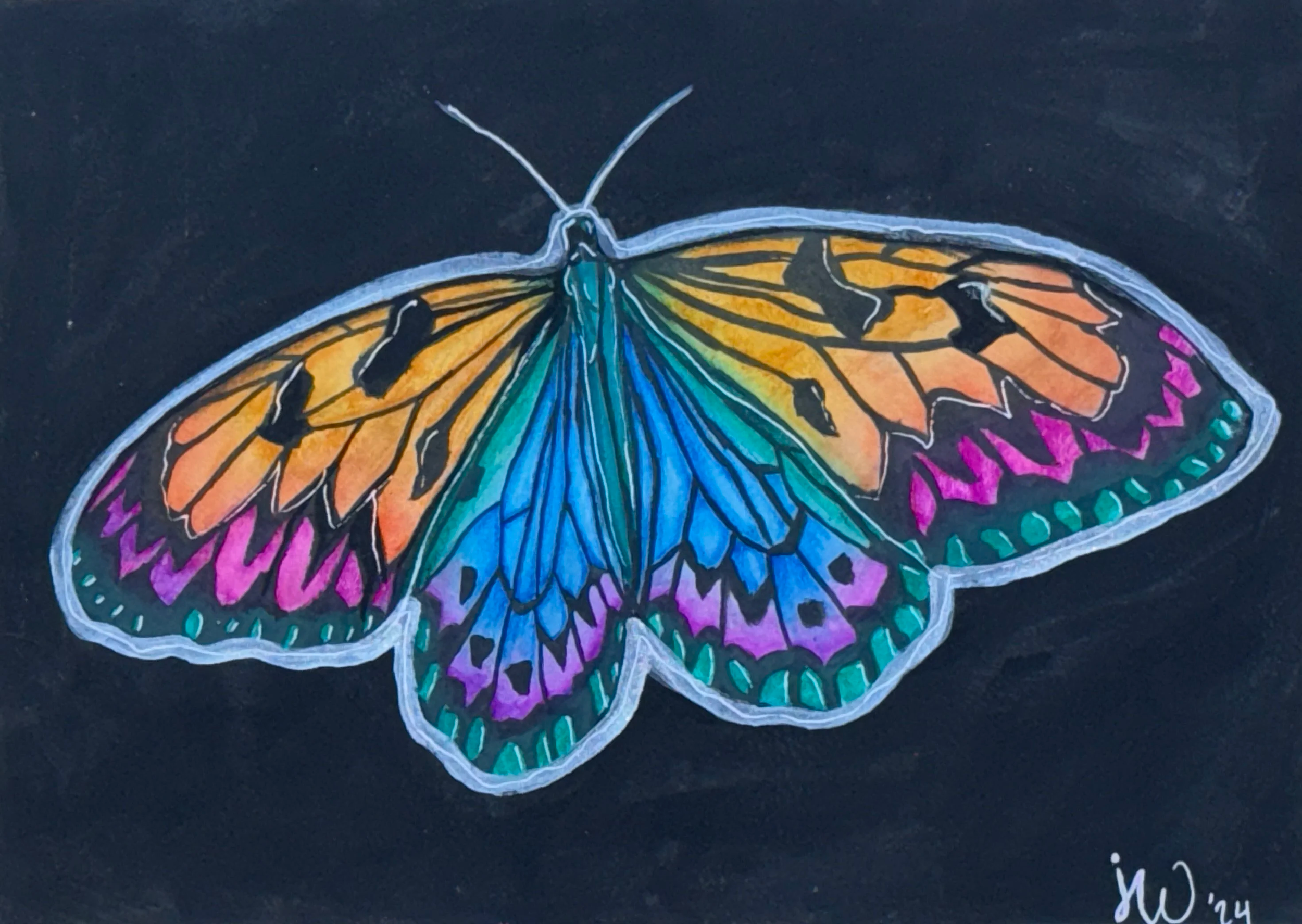 Colorful chalk drawing of a monarch butterfly with orange, black, blue, green, pink, and purple markings on black background.