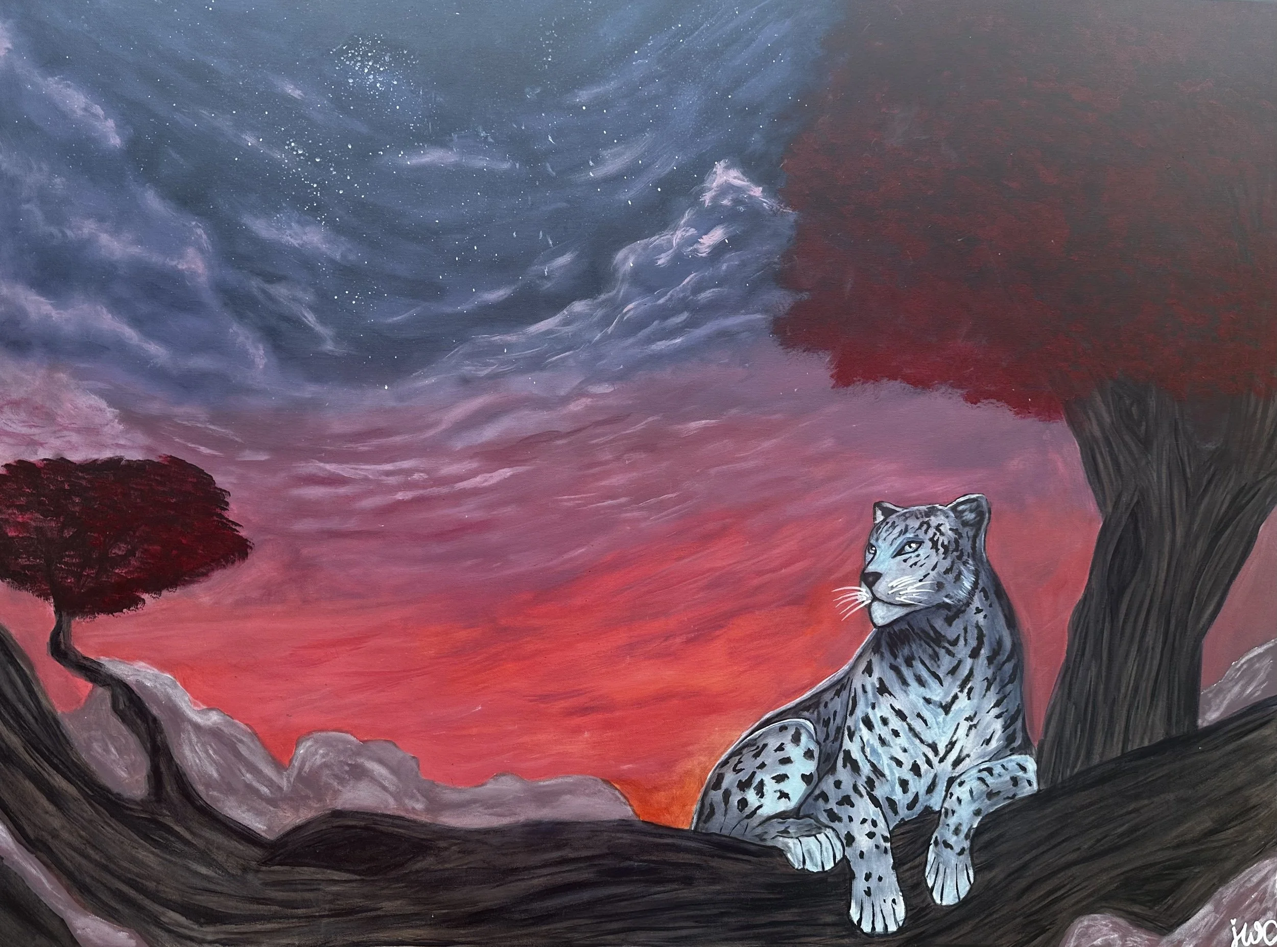 Painting of a snow leopard sitting on a twisted tree branch, with a large red-leafed tree nearby, under a colorful sky with swirling clouds, stars, and a gradient of pink, purple, and blue hues.