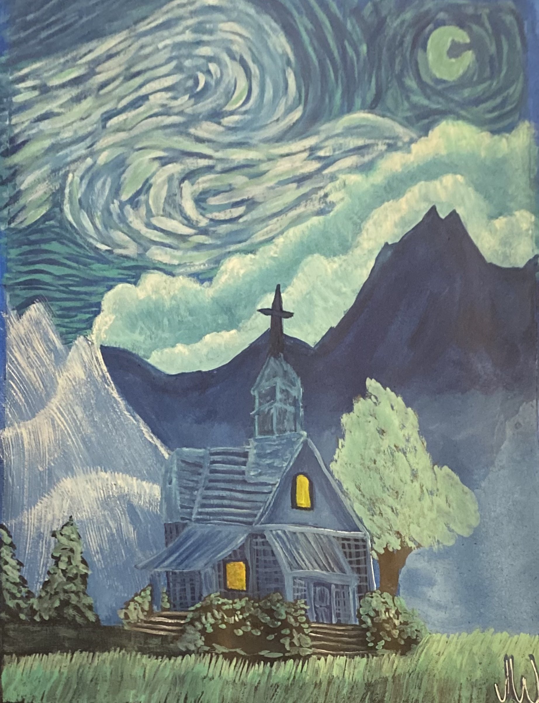 A painting of a dark blue house with yellow windows, a wrap-around porch, and a triangular roof, set against a night sky with swirling clouds, a bright moon, and mountains in the background, surrounded by trees and grass.