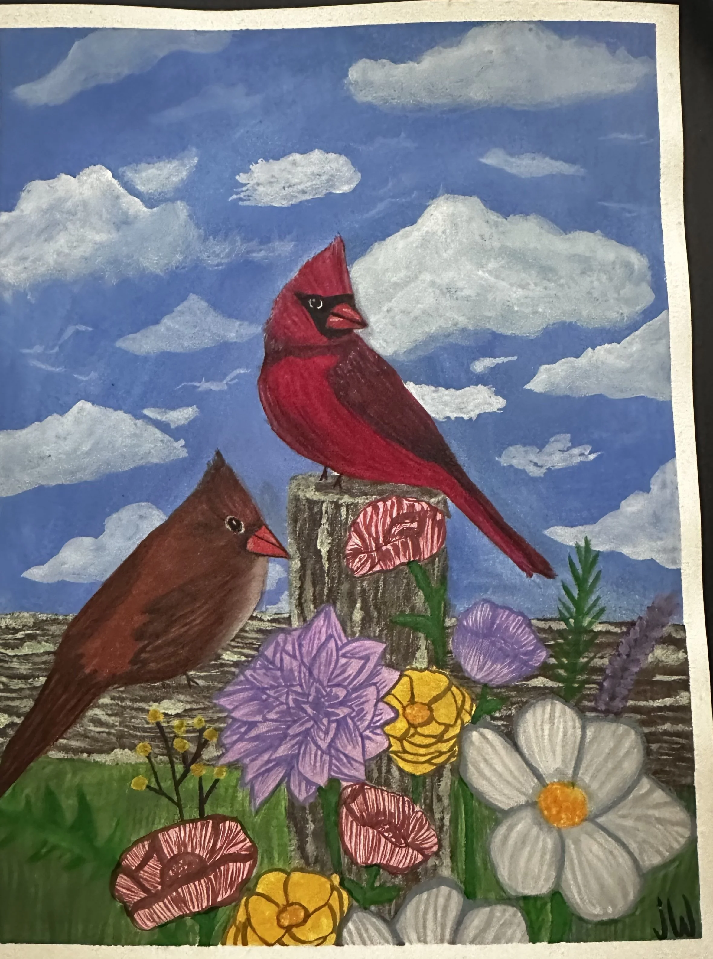 A colorful painting of a red cardinal bird perched on a tree stump, surrounded by flowers and plants, with a partly cloudy sky in the background.