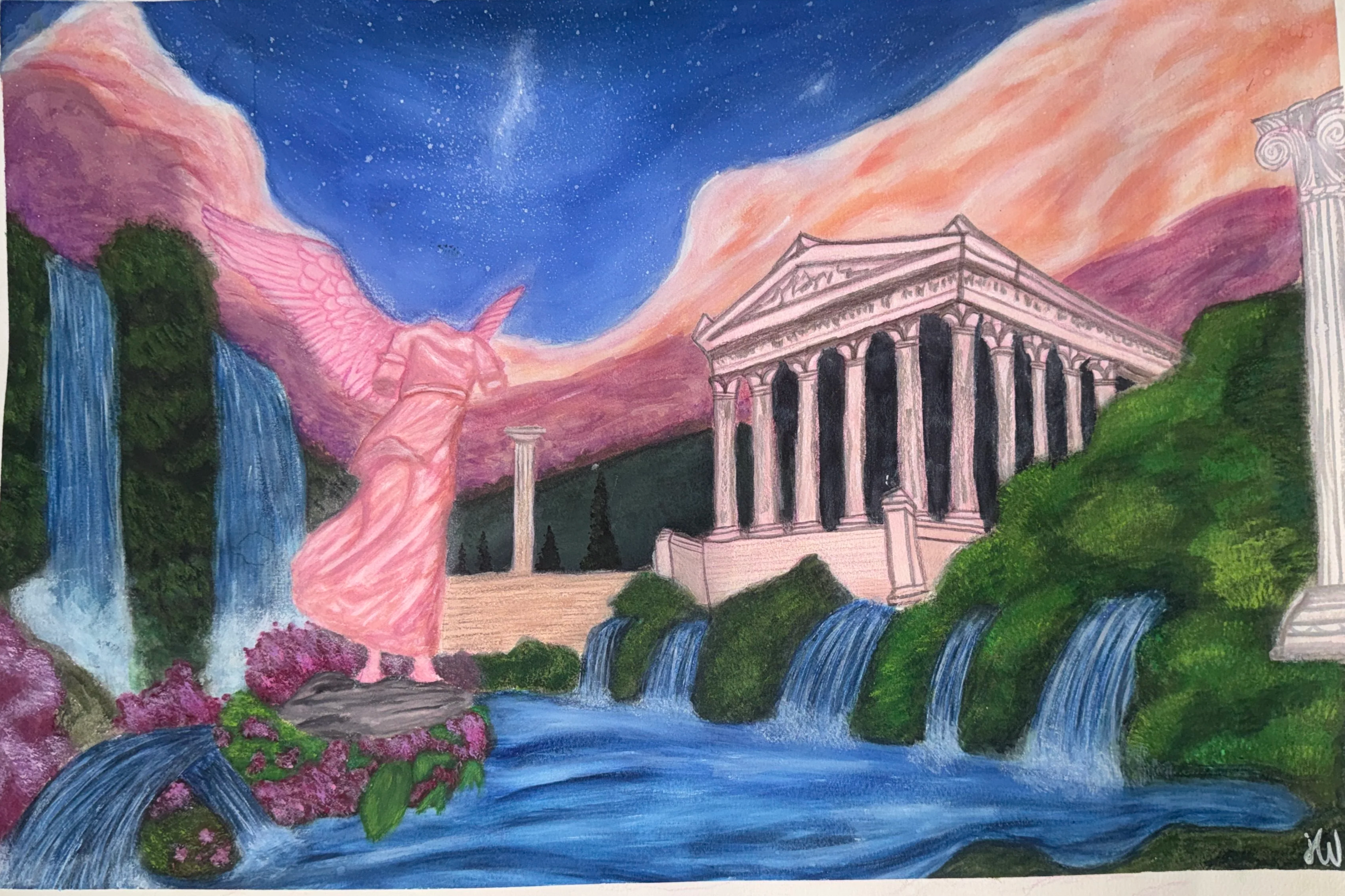 A colorful painting of scenic landscape with waterfalls, lush green trees, a classical temple, a pink unicorn, and a starry night sky with the Milky Way.