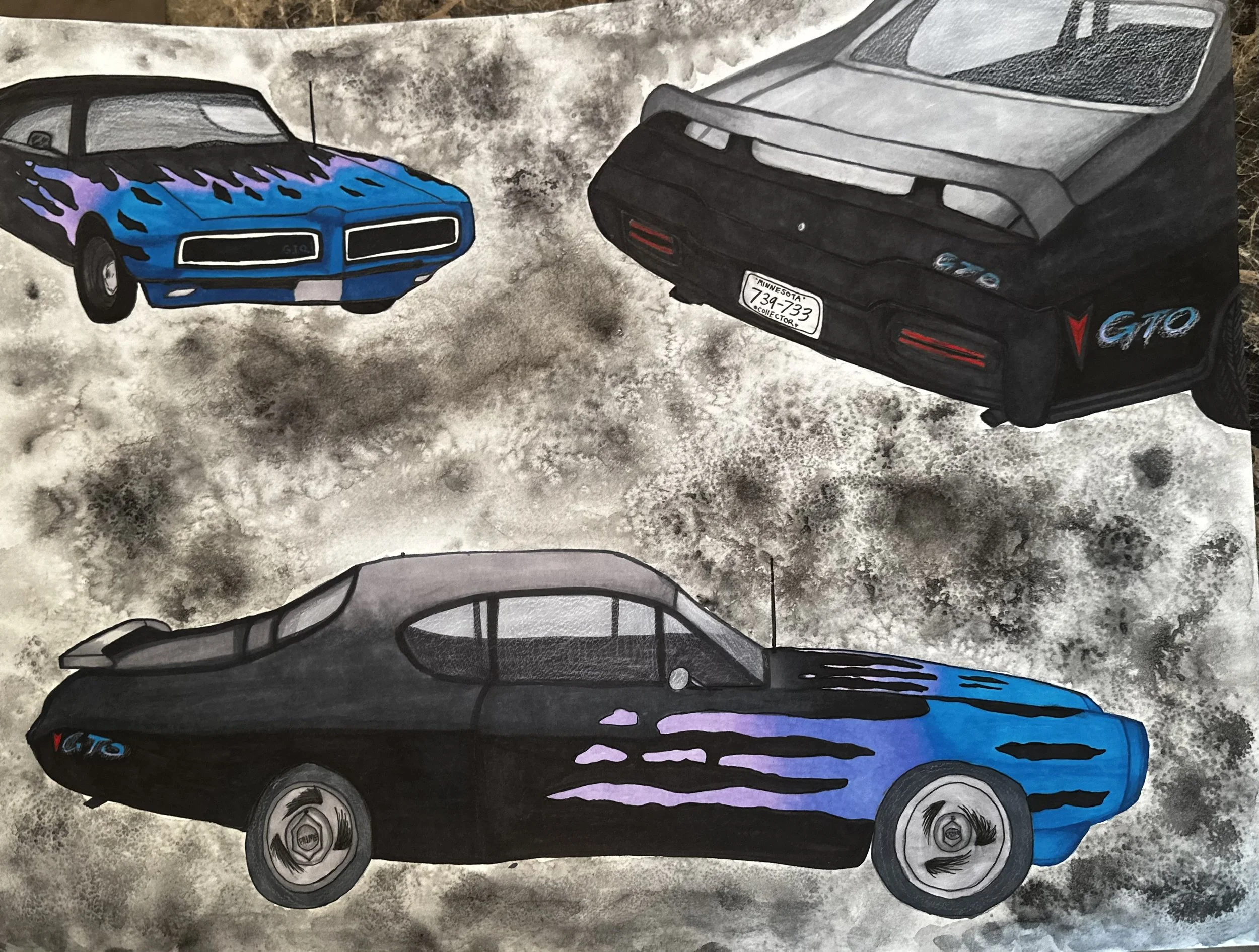 A painting featuring two cars, one blue with purple flame-like designs and one black with a spoiler and an 'GTO' logo.