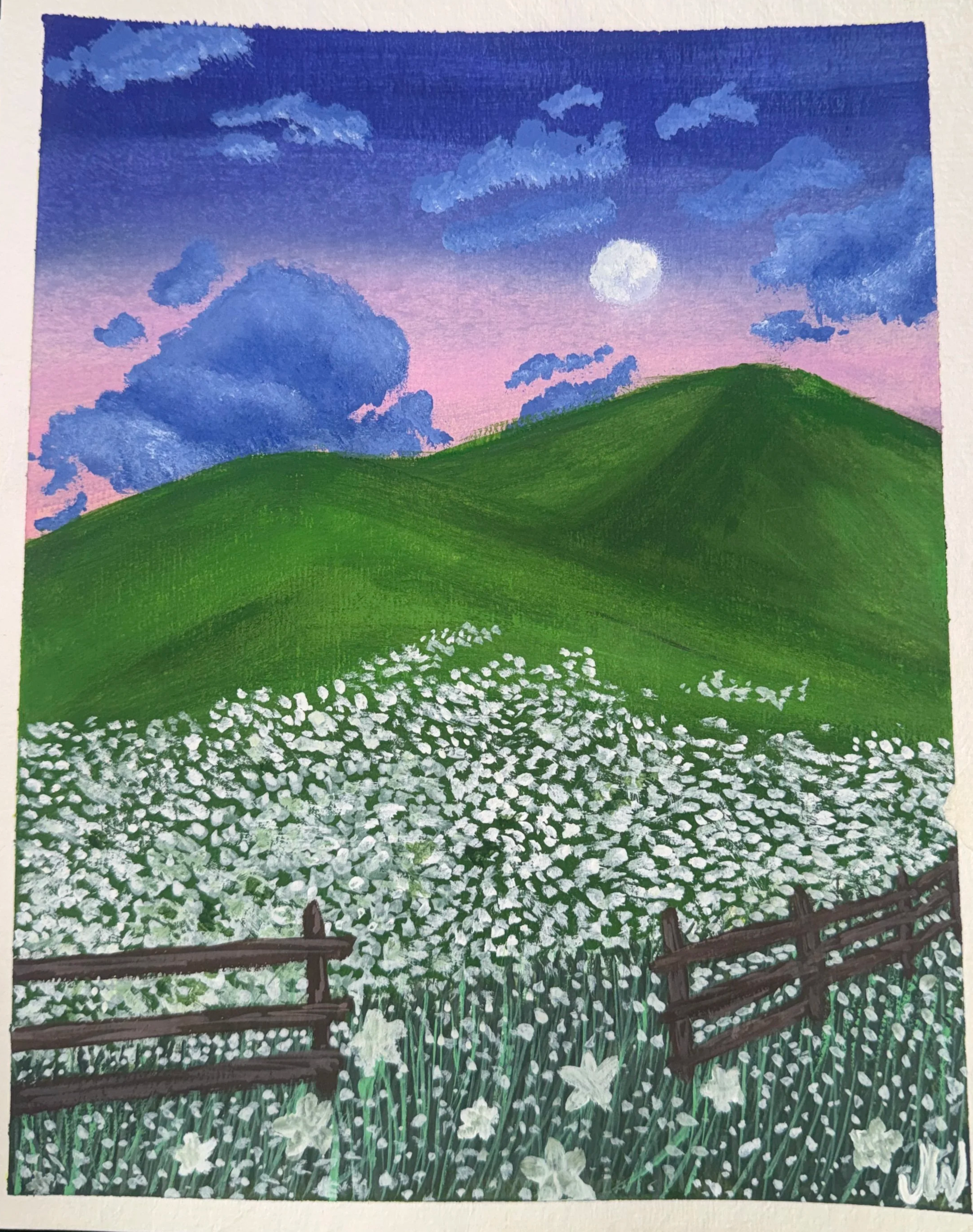 Painting of a landscape featuring white flowers in the foreground, a green hill in the middle ground, and a colorful sky with the moon and clouds in shades of pink, purple, and blue.