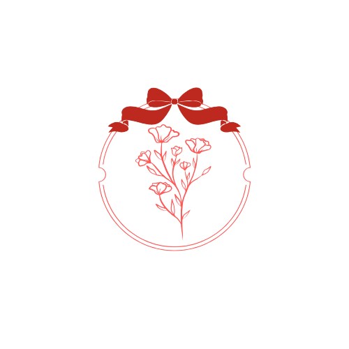 A black background with a decorative red and white floral wreath and a red bow at the top.