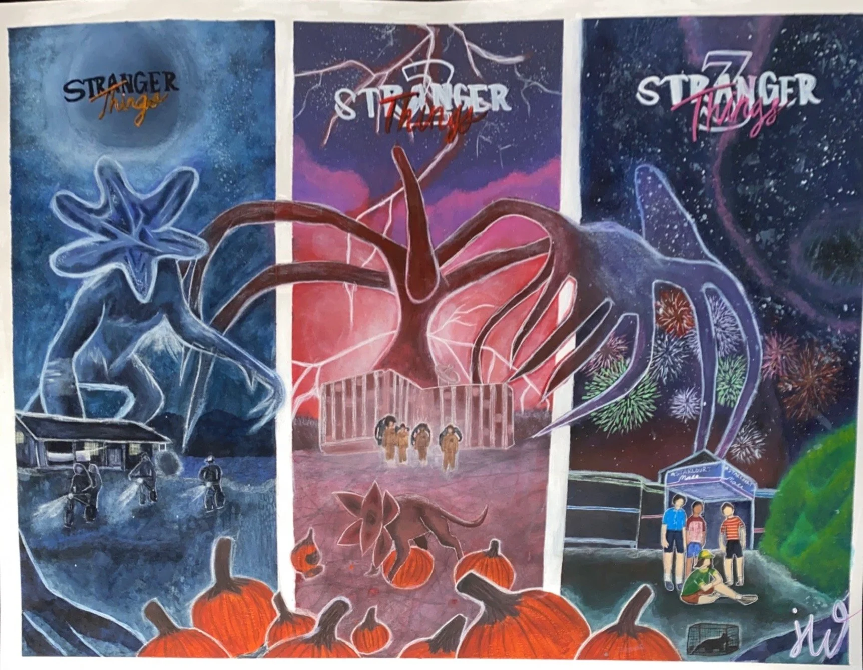 A mural divided into three sections depicting themed scenes: the left shows a blue-toned scene with fire trucks and firefighters, the middle features a tree with branches reaching into a purple sky with lightning, and the right displays a nighttime scene with stars, fireworks, and a group of people, with a small colorfully lit booth in the bottom right corner.