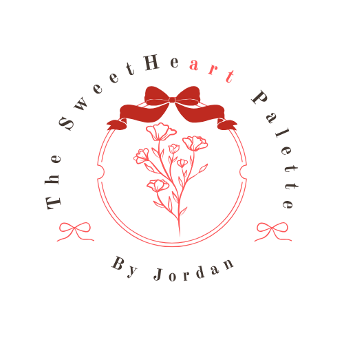 A logo with a black background, featuring a red bow at the top, a red flower illustration in the center, and text around it that reads "The Sweetheart Palette by Jordan," with decorative red bows on either side.