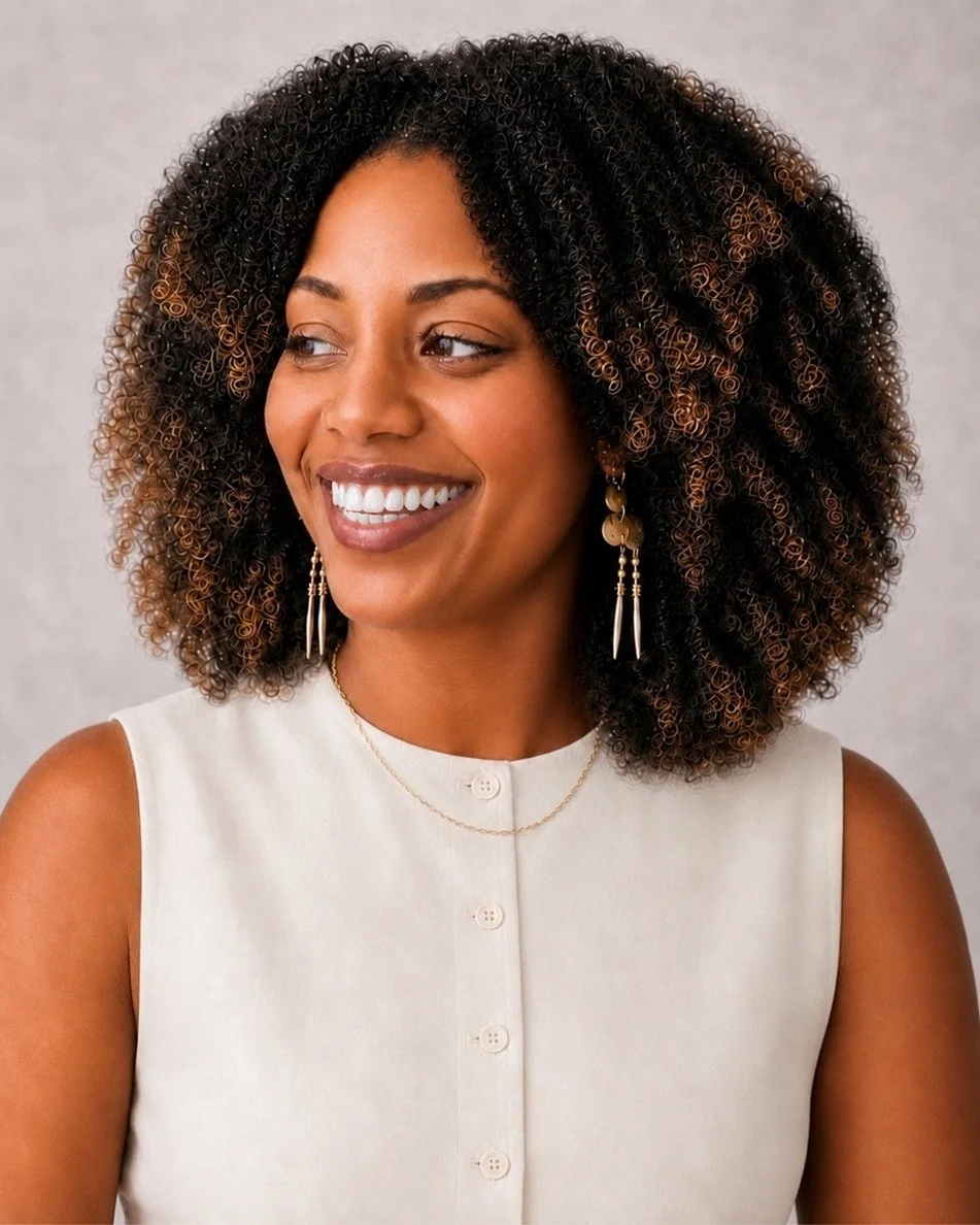 A woman with dark, curly hair with lighter highlights, wearing a sleeveless white top with buttons and gold jewelry, smiling and looking to her left.